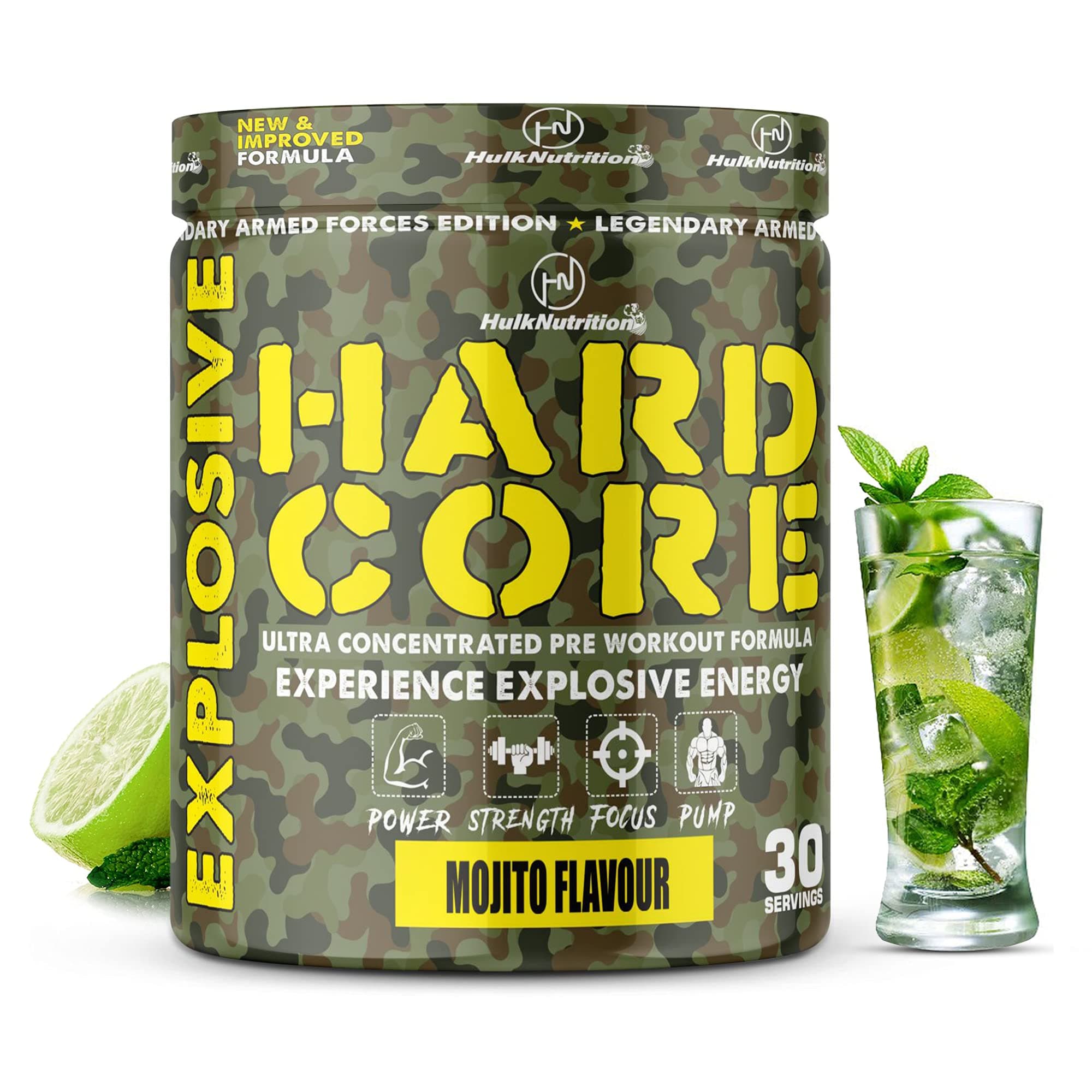 Hulk Nutrition Hardcore Pre-Workout with Beta-Alanine, Creatine Monohydrate, L-Citrulline, L-Arginine & AAKG for Lean Muscles Building, Strength, Mental Focus, Energy | Explosive, Powerful & Hyper Pumps | Caffeinated Fuel Punch for Men, Women & Athletes [30 Servings, Mojito]