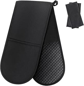 Philorn Black Double Oven Mitts，Heat Resistant 260℃ Waterproof Silicone Glove Kitchen Gloves Oven Extra Long Oven Mitts with Non-Slip Silicone Surface for Baking, Cooking, BBQ