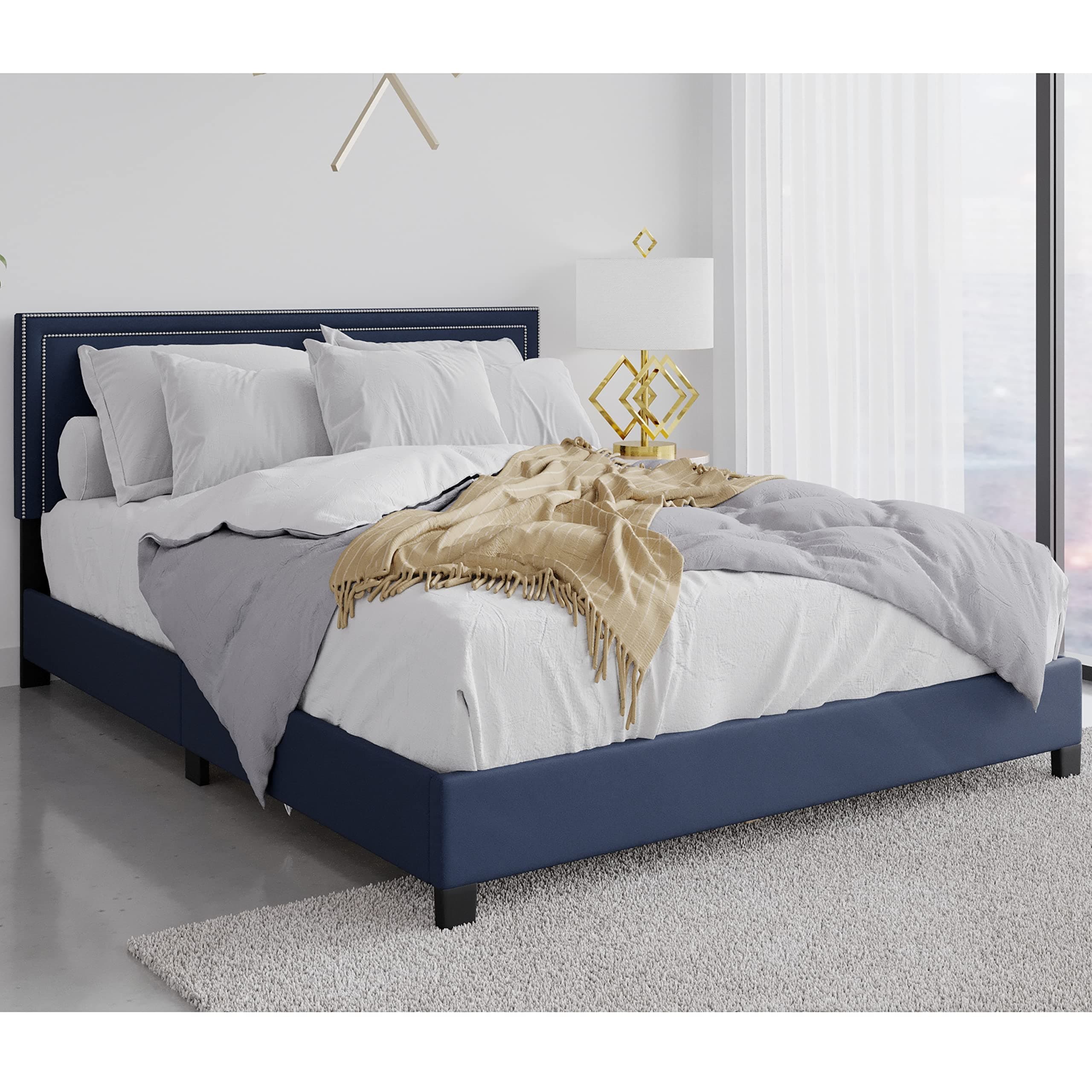 DG Casa Ocean Upholstered Platform Bed Frame with Nailhead Trim Headboard and Full Wooden Slats, Box Spring Not Required-Queen Size in Blue Faux Velvet Fabric