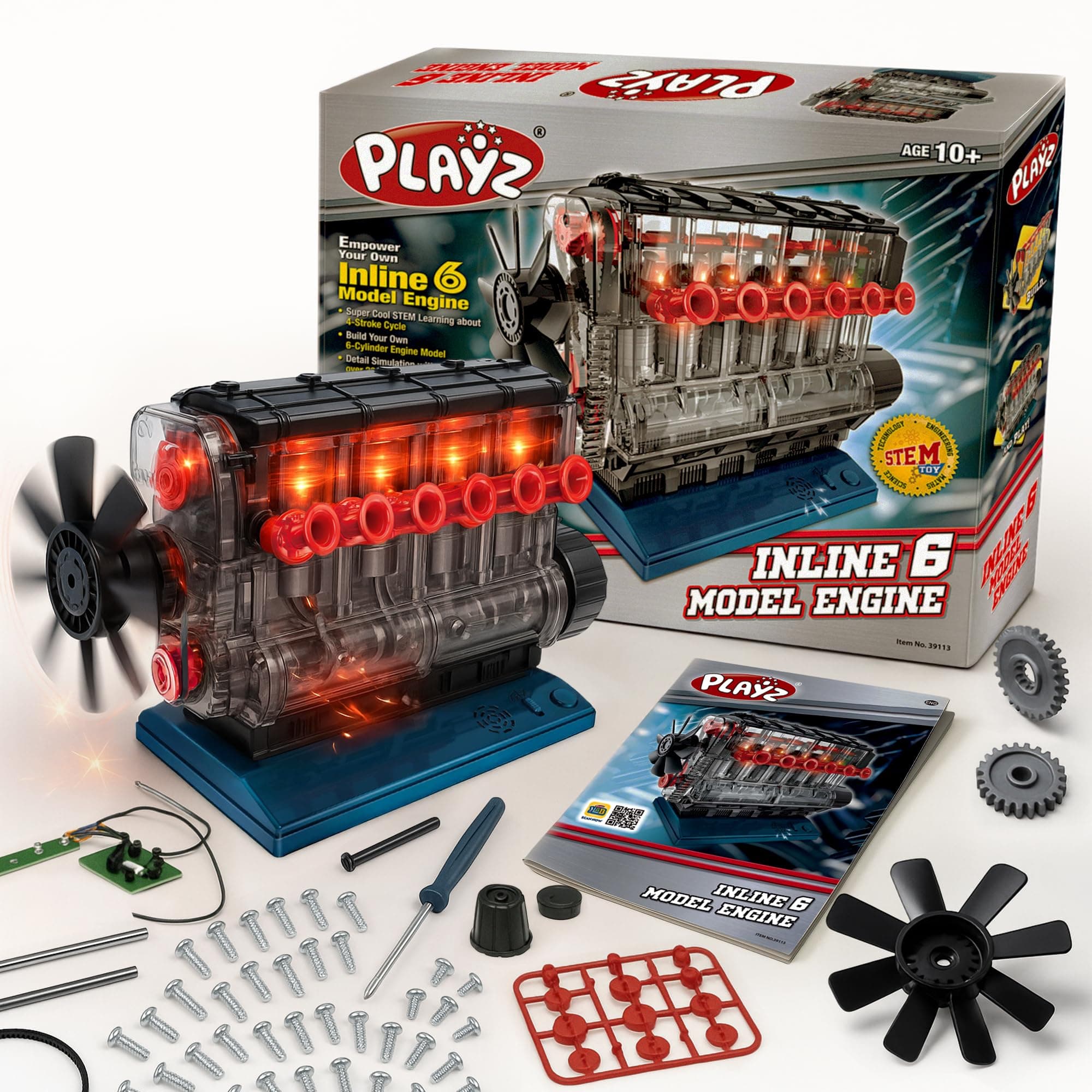 Playz Inline 6 Engine Model Kit - Build Your Own STEM Inline 6 Small Engine that Runs Kit for Adults & Kids Age 10-12+, Visible Inline 6 Mini Engine Kit that Works for Adult w/ 230 STEM Parts