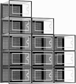 Kuject X-Large Shoe Storage Boxes Organizers Clear Plastic Stackable 12 Pack, Shoe Rack & Holder Substitute, Sneaker Containers, Toy Storage Organizer Bins for Entryway, Closet, Under Bed, Black