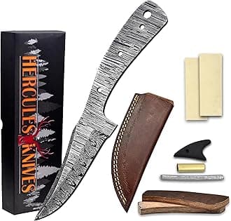 Custom Hand Forged Damascus Steel Blank Blade Diy Knife Making Kit Including Wooden Scale, Leather sheath, Pin, Damascus Blade Billet Knife Making Supply (BK-H)