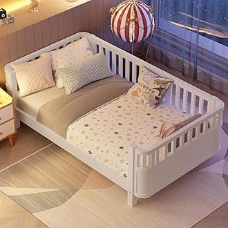 KEIKI Twin Size Wooden Floor Bed, Montessori Platform Bed Frame with Low Profile & Safety Rails, Space Saving Kids Beds for Boys Girls Bedroom, No Box Spring Needed, Easy Assembly, Noise Free, White
