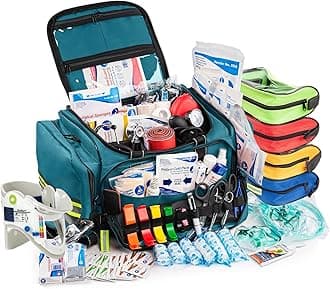 Scherber Fully-Stocked First Responder Professional Advanced EMT/EMS Trauma Kit | HSA/FSA Approved | Reflective Bag w/10+ Compartments, Zippered Pockets & 250+ First Aid Supplies (Blue)