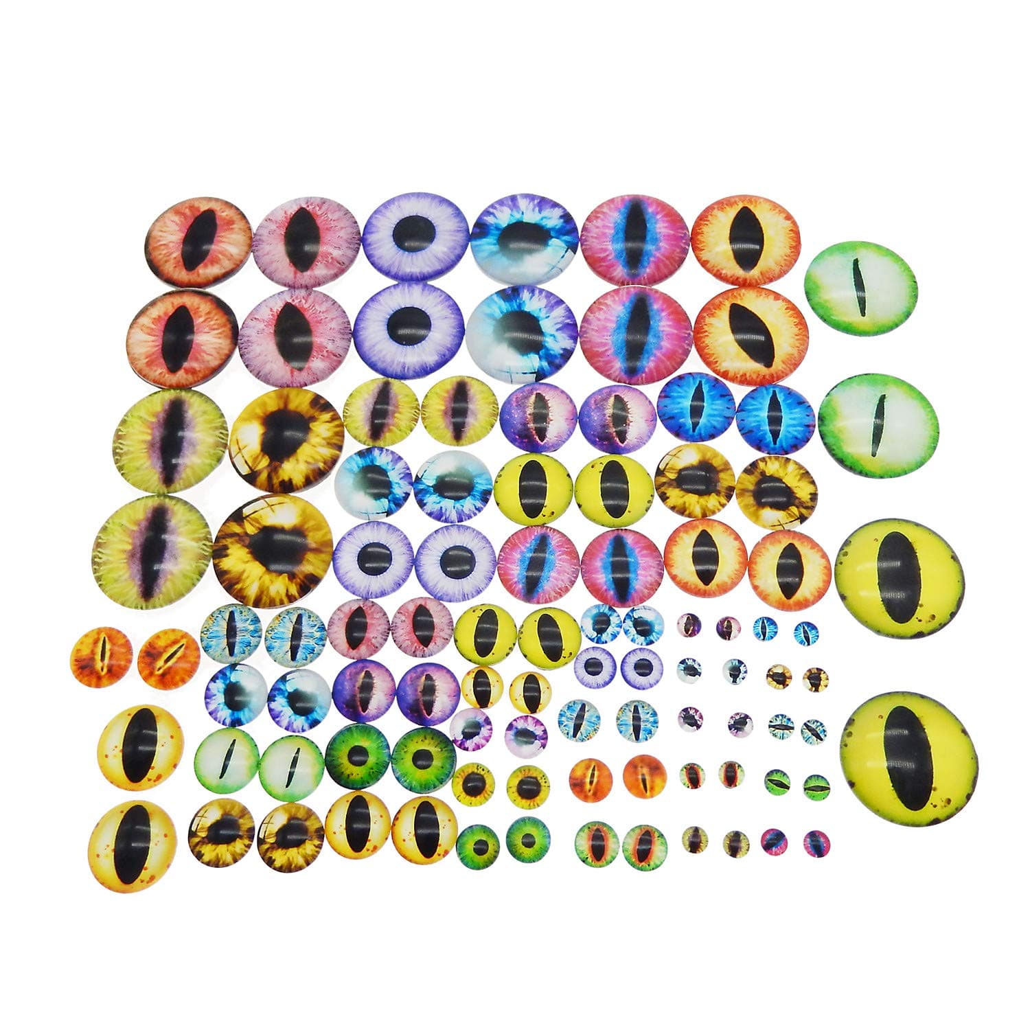 Julie Wang 90PCS/Pack Assorted Mixed Size Round Glass Dragon Eye Covered Cabochons for Doll Making and Jewelry Settings
