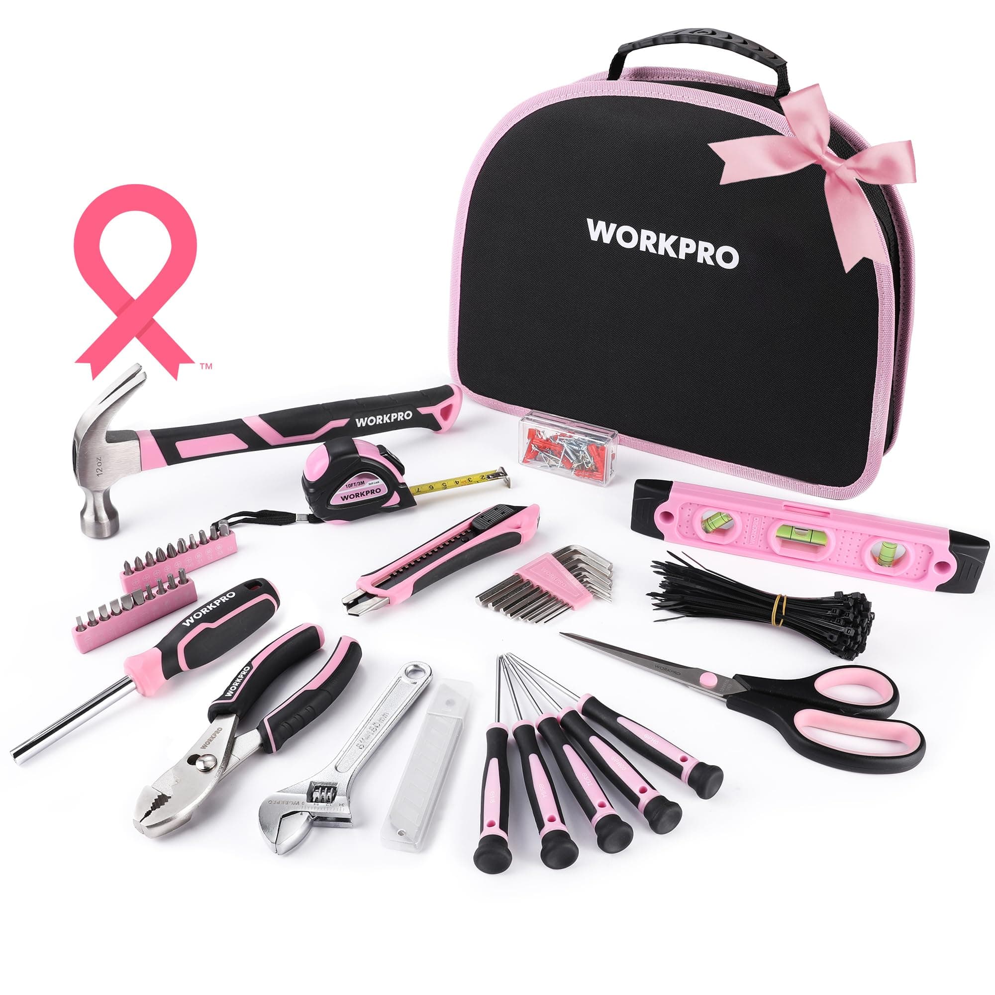 WORKPRO 103-Piece Pink Tool Kit with Easy Carrying Round Pouch