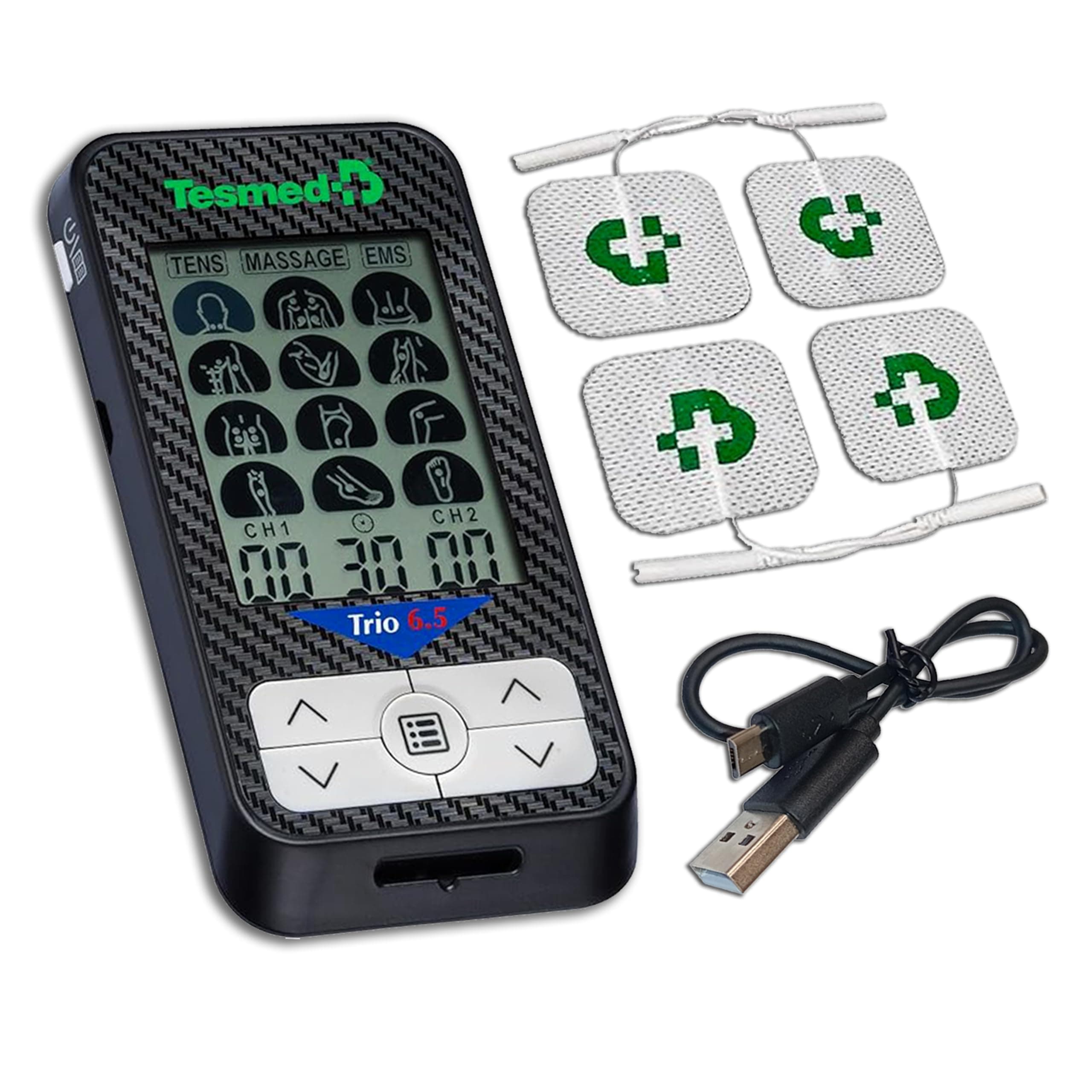 TESMED Trio 6.5: USB Rechargeable Muscle Stimulator - 36 Programs, 40 Intensity Levels, 4 Electrodes - EMS, TENS and Massage