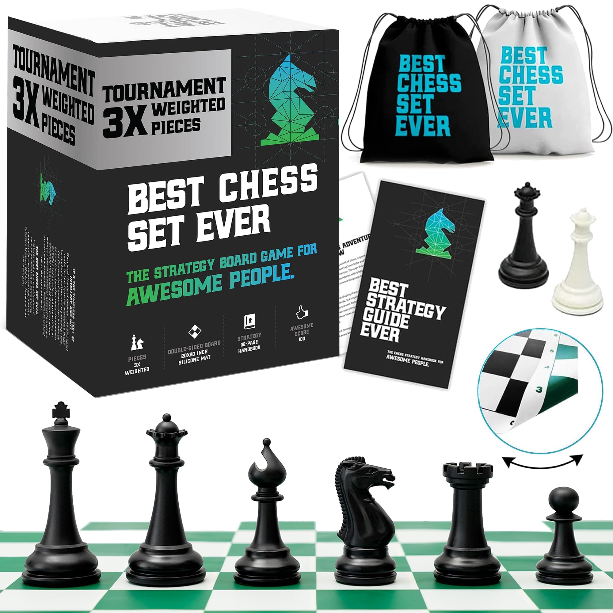Chess Geeks Best Set Ever 3X Modern Set With 20" x 20" Foldable Silicone Board and Triple Weighted Pieces, Packs and Travels Easy, Heavyweight Edition