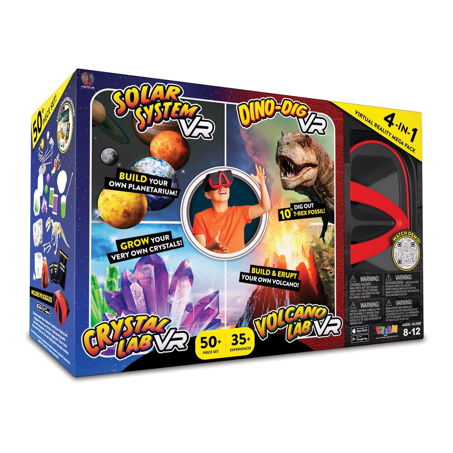 Abacus Brands Virtual Reality 4 in 1 Deluxe VR Lab - Illustrated Interactive VR Book and STEM Learning Activity Set (Solar System, Dino-Dig, Crystal and Volcano) - for Ages 8 and Up