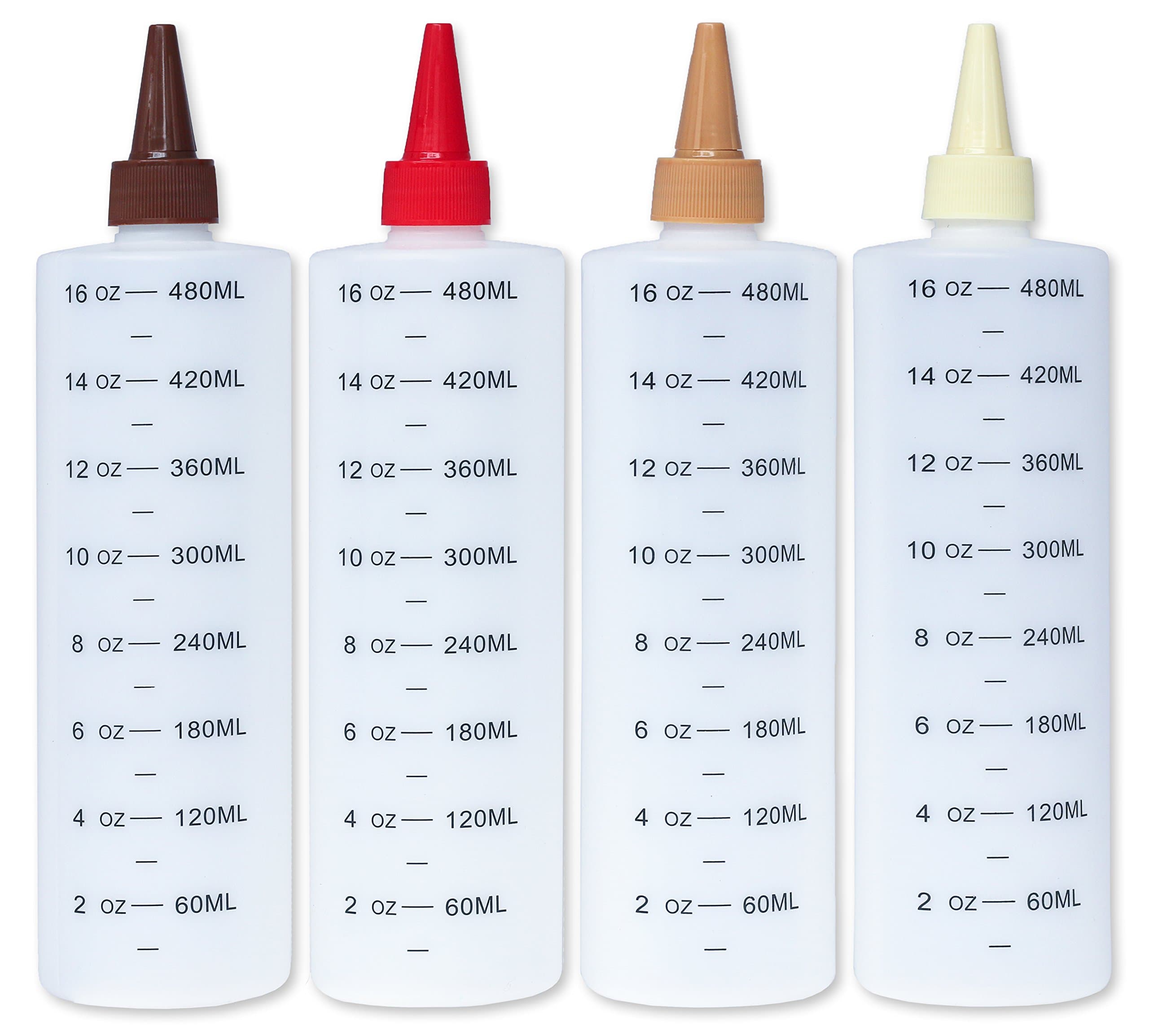 Plastic Squeeze Bottles with Leak-Proof Colored Caps, 16-Oz, Set of 4 (With Measurements) Ideal For Sauces, Ejuice Ketchup, BBQ, Condiments, Dressing, Paint, Pancake Art and Workshop