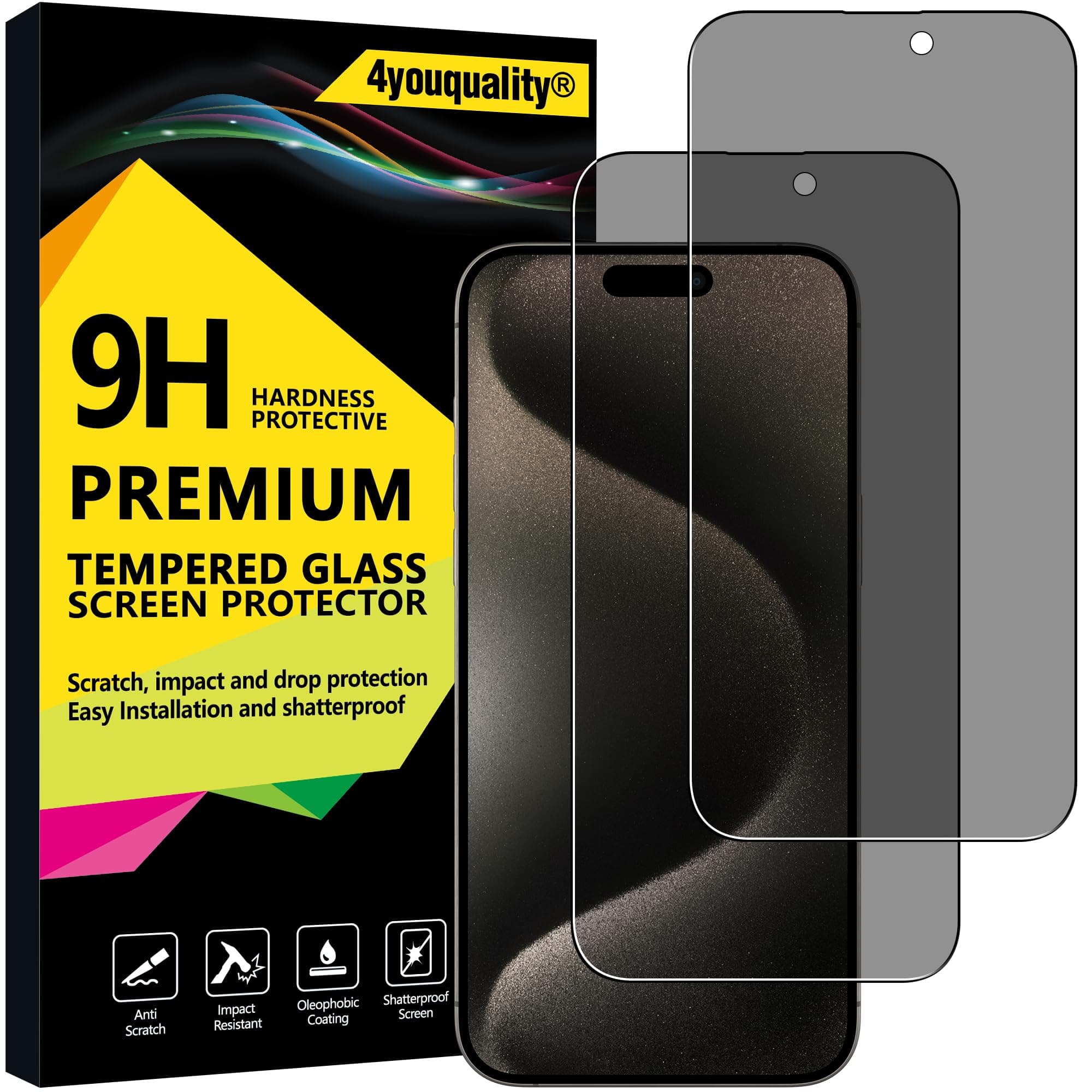 4youquality Privacy Screen Protector for iPhone 15 Pro Max (6.7-Inch), Anti Spy Tempered Glass Film, 2-Pack, [LifetimeSupport][Anti-Spy][Impact-Resistant][Anti-Scratch]
