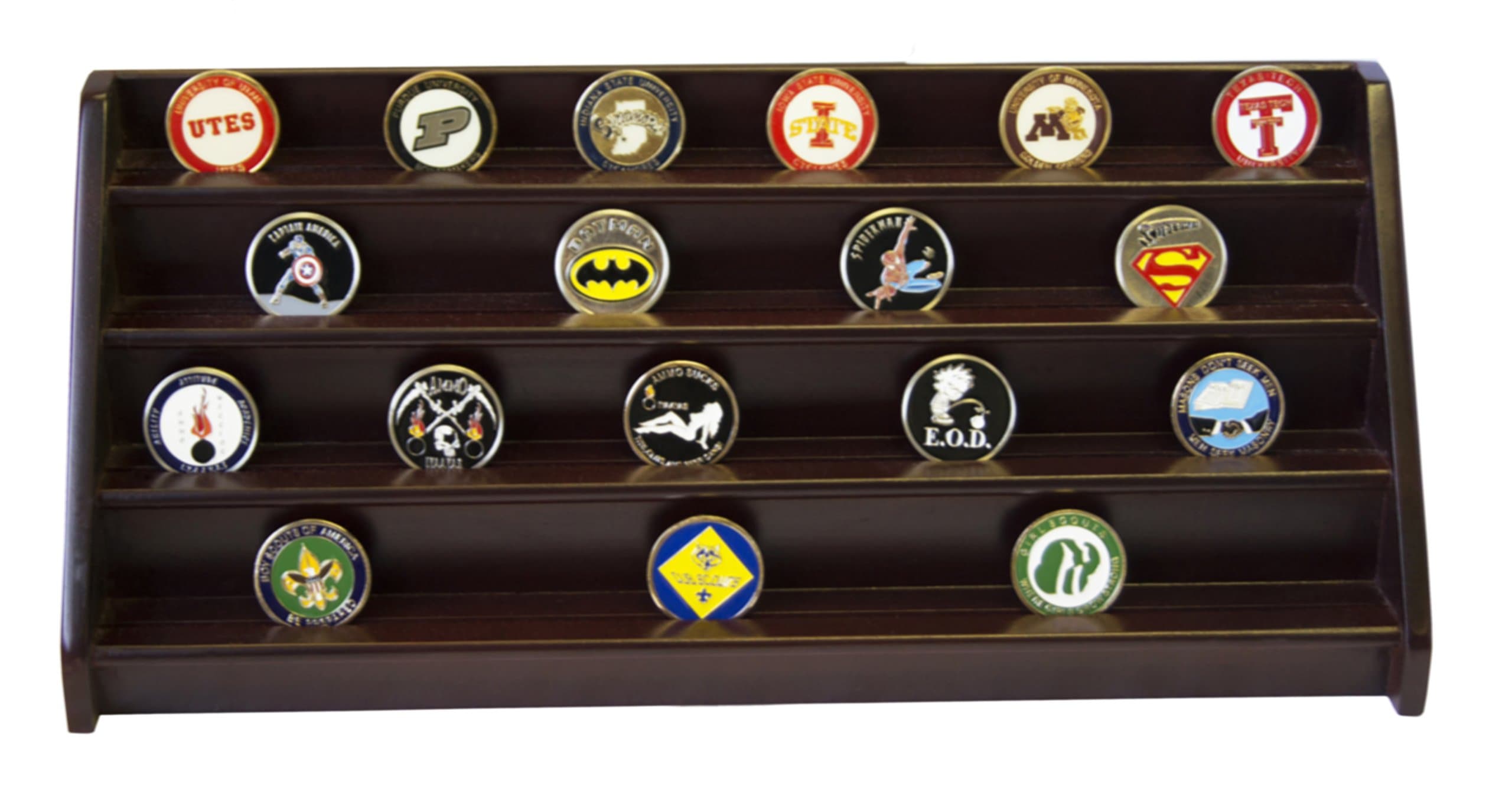 DECOMIL - 4 Rows Shelf Challenge Coin Holder Display Casino Chips Holder Cherry Finish