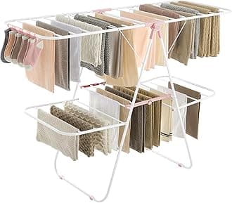 SONGMICS Clothes Drying Rack, Foldable 2-Level Laundry Drying Rack, Free-Standing Laundry Airer, with Height-Adjustable Wings, 33 Drying Rails, Sock Clips, White and Pink ULLR053P01