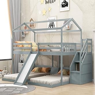 Triple Bunk Bed Full Over 2 Twin Bunk Bed with 2 Storage Staircase Built-in Drawer, and Slide, Bunk Bed for Family, Teens, No Box Spring Needed