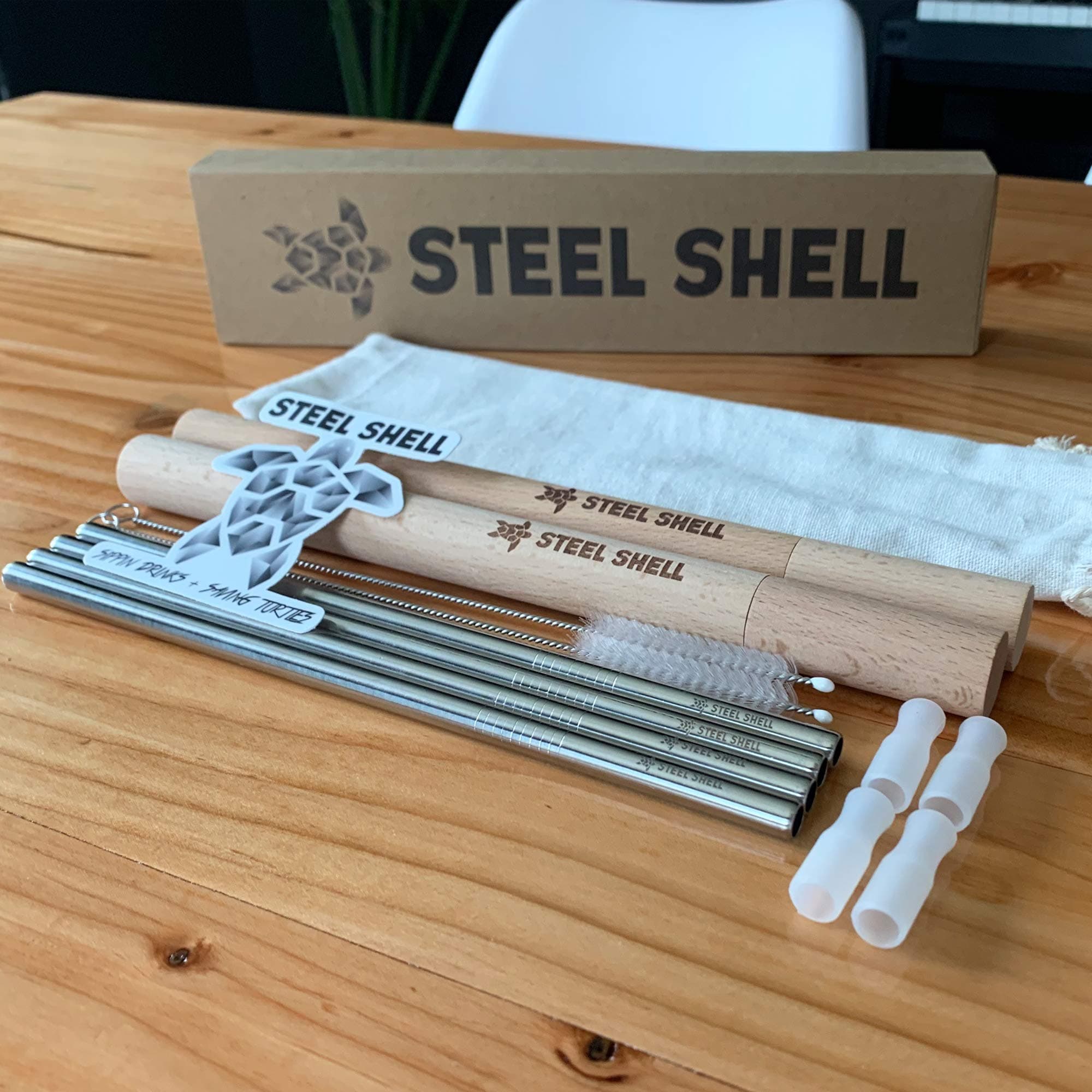 Steel Shell Reusable Stainless Steel Drinking Straw Set - Includes 4 Metal Straws, 4 Silicone Tips, 2 Cleaning Brushes, 2 Wood Cases, Travel Pouch - Great For Tumblers, Smoothies, Cocktails & More