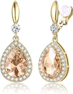 THUNARAZ Elegant Clip on Earrings for Women,Sparkling Teardrop Dangle Clip Earrings,Non-Pierced Rhinestone Cubic Zirconia Wedding Prom Jewelry 14K Gold and Silver Tone