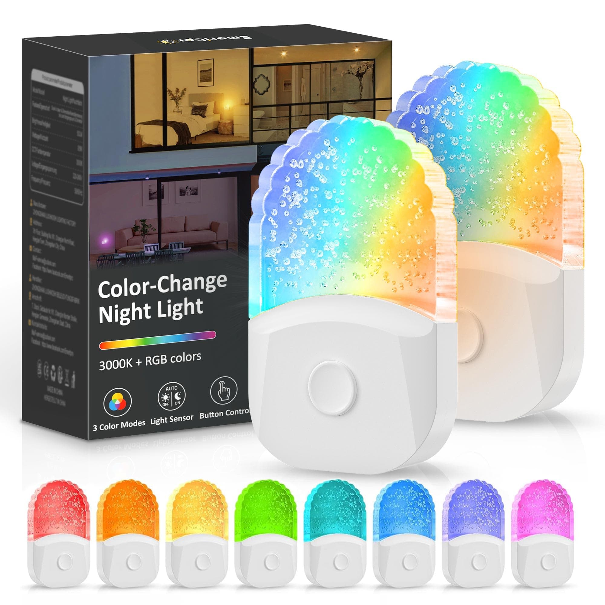 Emeritpro Night Light Plug in Wall with Dusk to Dawn Sensor, 0.5W Warm White+RGB Colorful Night Light, 3 Lighting Modes, Acrylic Plug in Wall Light for Hallway, Baby, Bedroom, Garage, 2 Pack