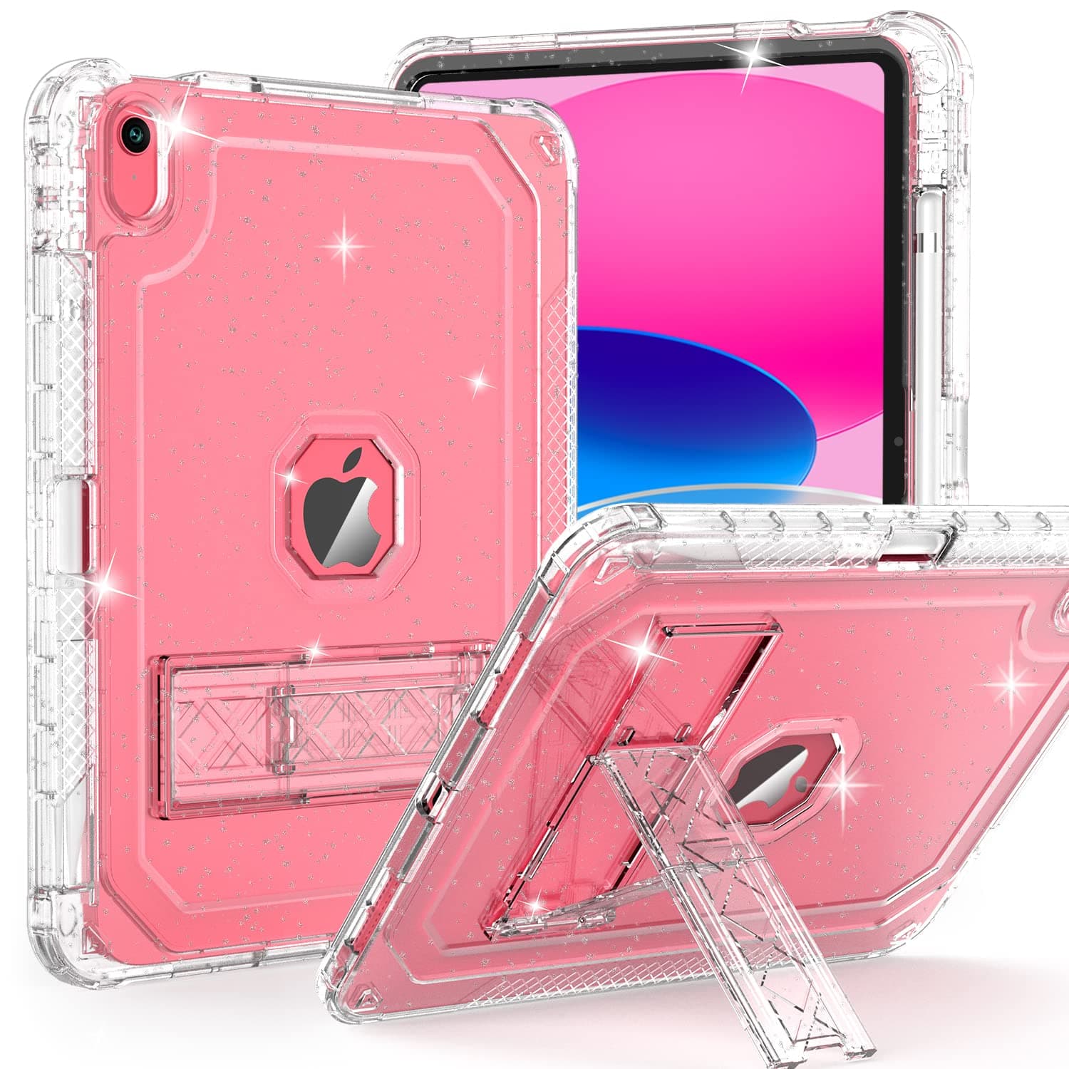 Case for iPad A16 11th Generation 11 Inch 2025 / 10th Gen 10.9 Inch Case 2022, Heavy Duty Shockproof Rugged Protective Translucent Cover with Pencil Holder Kickstand, Clear Glitter