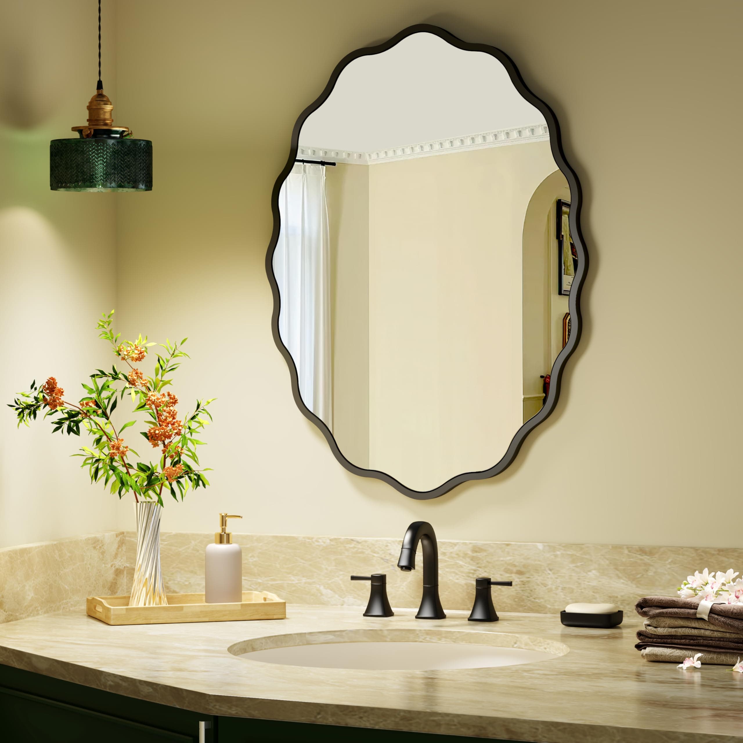 Black Oval Wavy Mirror 20×28 inch, Irregularly Shaped, Unique Vanity Mirror, Wall Mirror for Bathroom, Living Room, Bedroom, Entryway