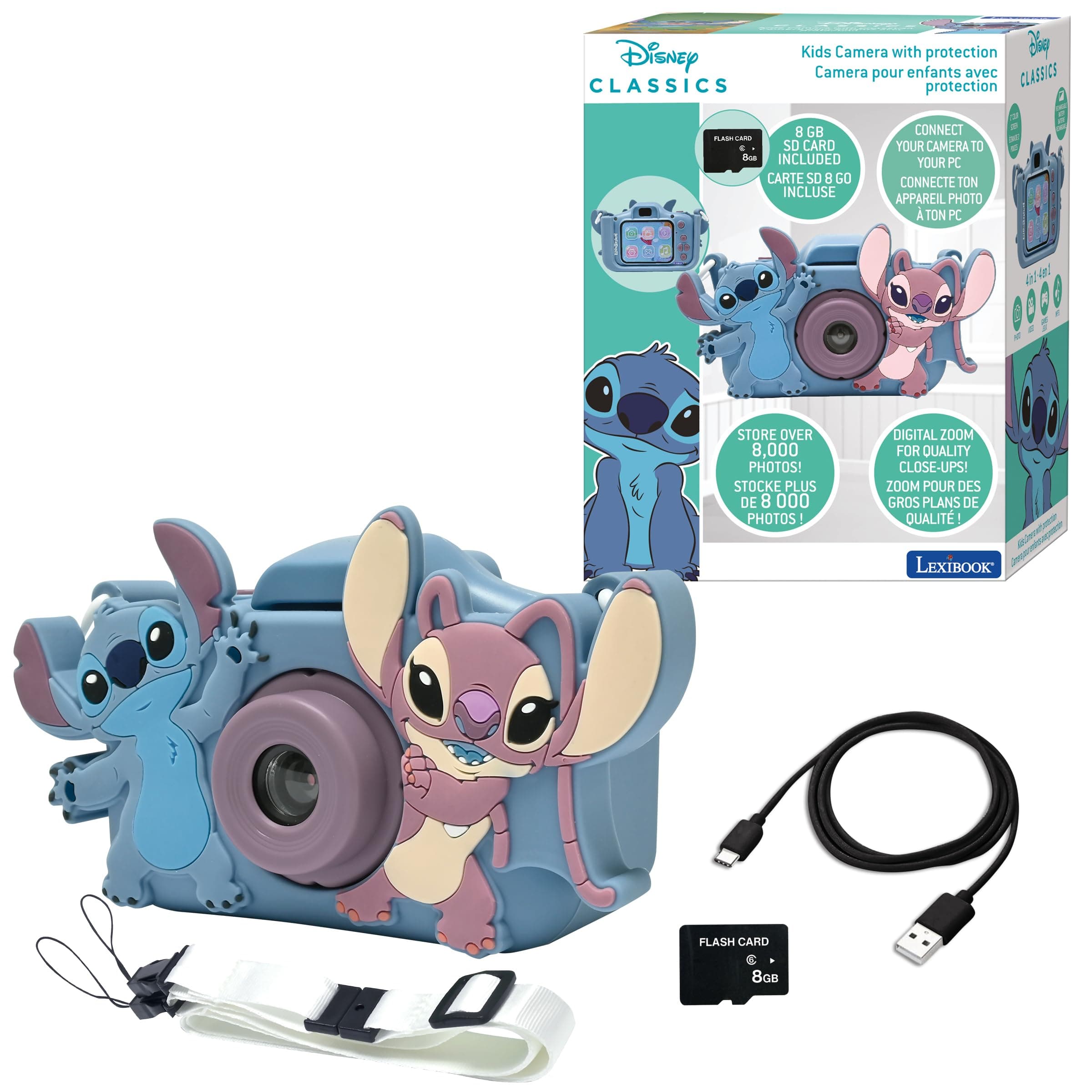 Lexibook, Disney Stitch, 4-in-1 camera for children with protection, Photo, video, MP3 and game functions, 15 frames to personalise your photos, 8 GB memory card included, DJ078D