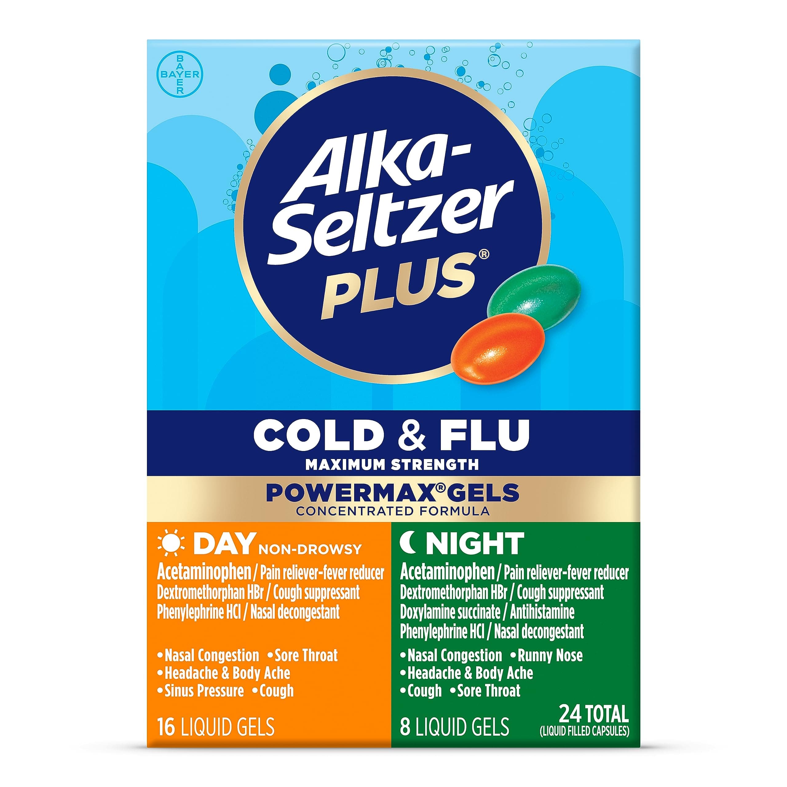 Alka-Seltzer Plus Power Max Cold and Flu Medicine, Day+Night, - Maximum Strength (Per 4 Hour Dose) Relief Cold and Flu Medicine for Adults and Children 12 Years and Older, 24 Count, Packaging May Vary