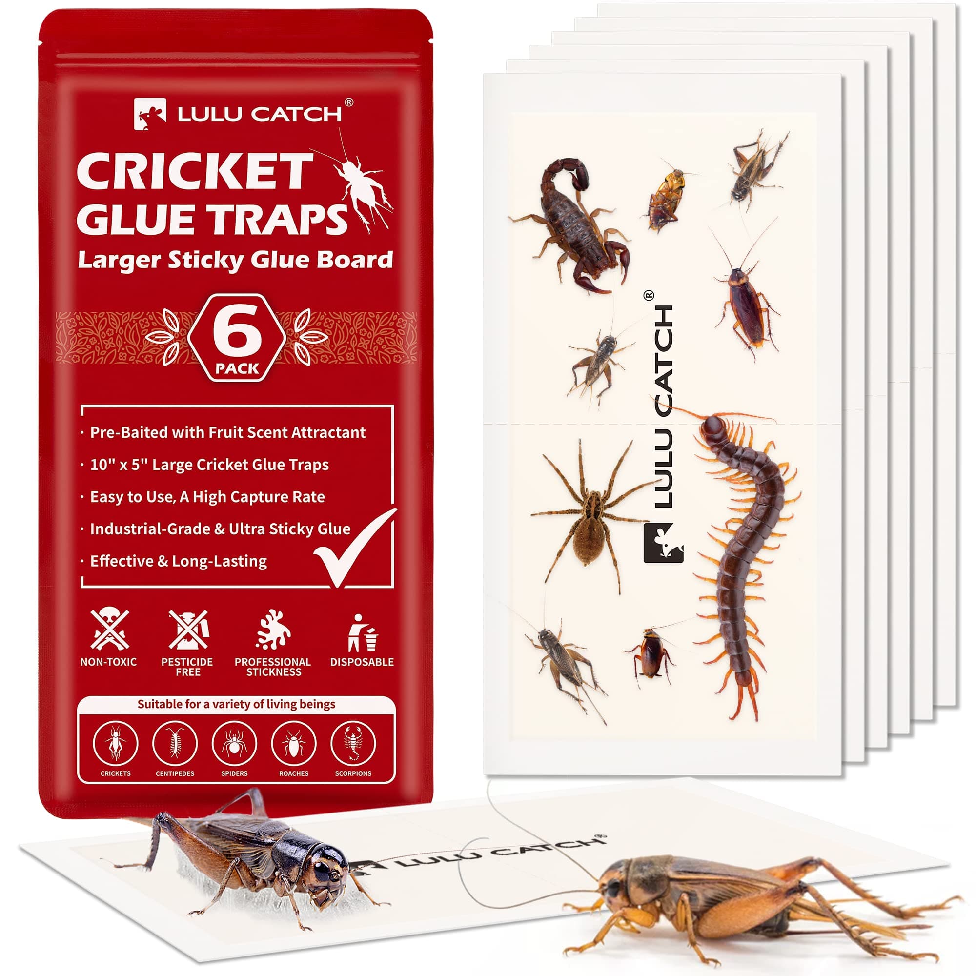 LULUCATCH Cricket Insect Glue Traps - 6 Pack Bug Cockroach Sticky Traps, Large Spider Trap with Pre-Baited Attractant, Highly Effective Glue Boards Indoor, Non-Toxic Pet Safe Pest Control