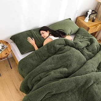 COTTEBED Warm Ultra-Soft Sherpa Bedding Comforters Sets Queen Size Double Bed, Light Weight Fluffy Cotton Fleece Down Alternative Reversible Comfort PillowSham Fall Winter(Olive Green,Full/Queen)