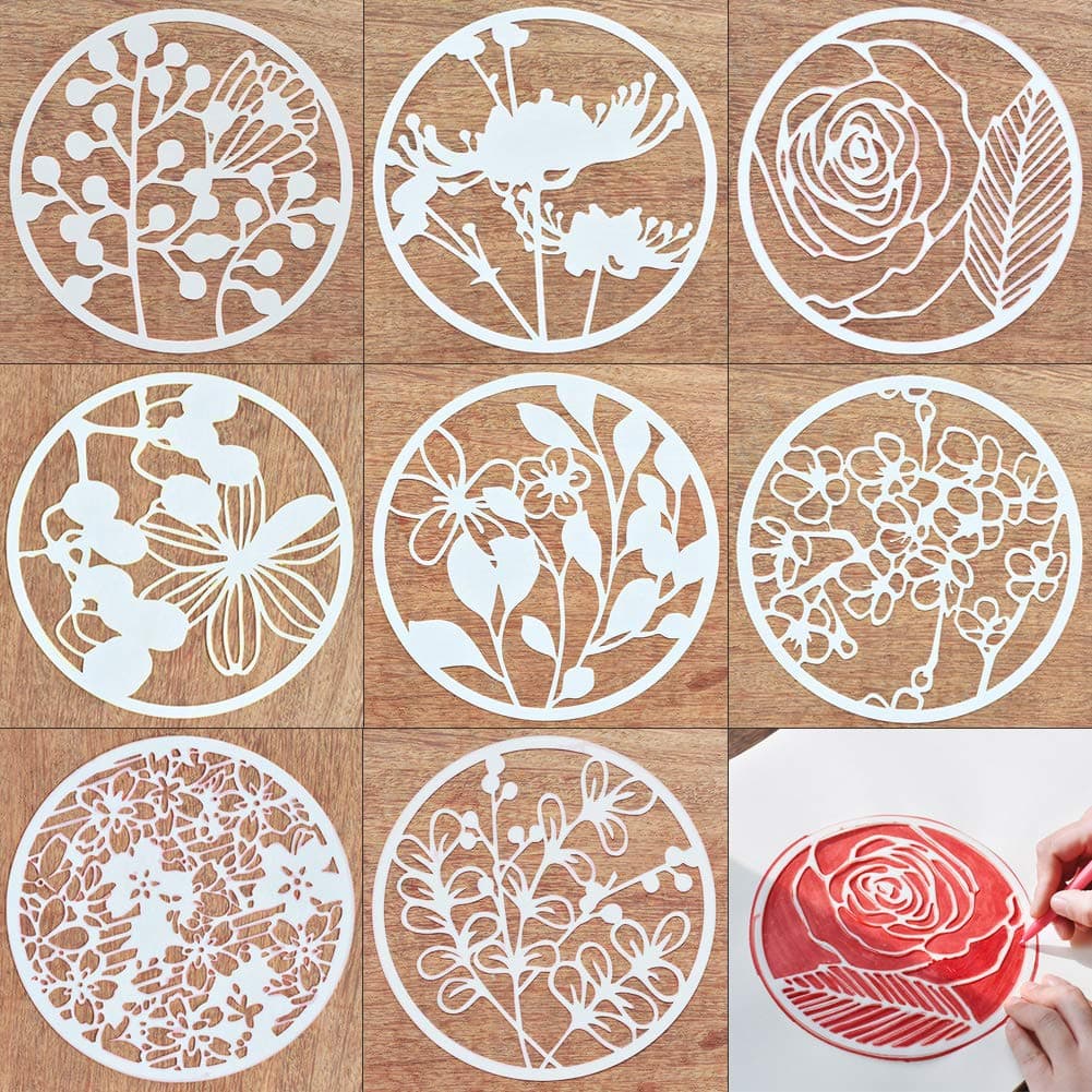 Creative DIY Plastic Stencil 8 Pieces Plant Flower Pattern Template Reusable Round Painting Bullet Drawing Set Journal Stencils for Scrapbooking DIY Greeting Card(8 Flowers Round)