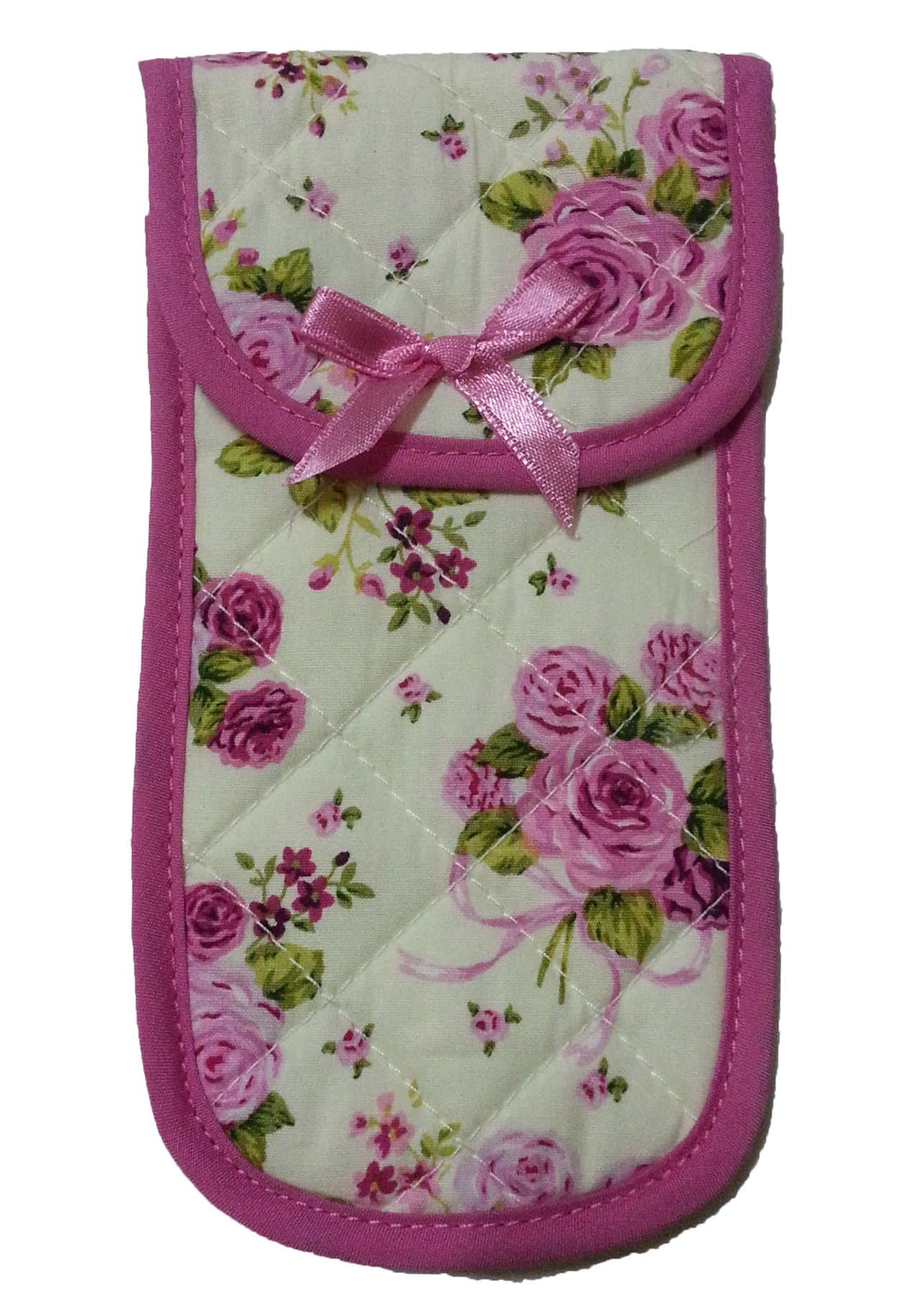 Fabric Eyeglass Case Holder with Velcro Closure, Size 3.5" X 6.7" Rose Print, Off White&pink Color
