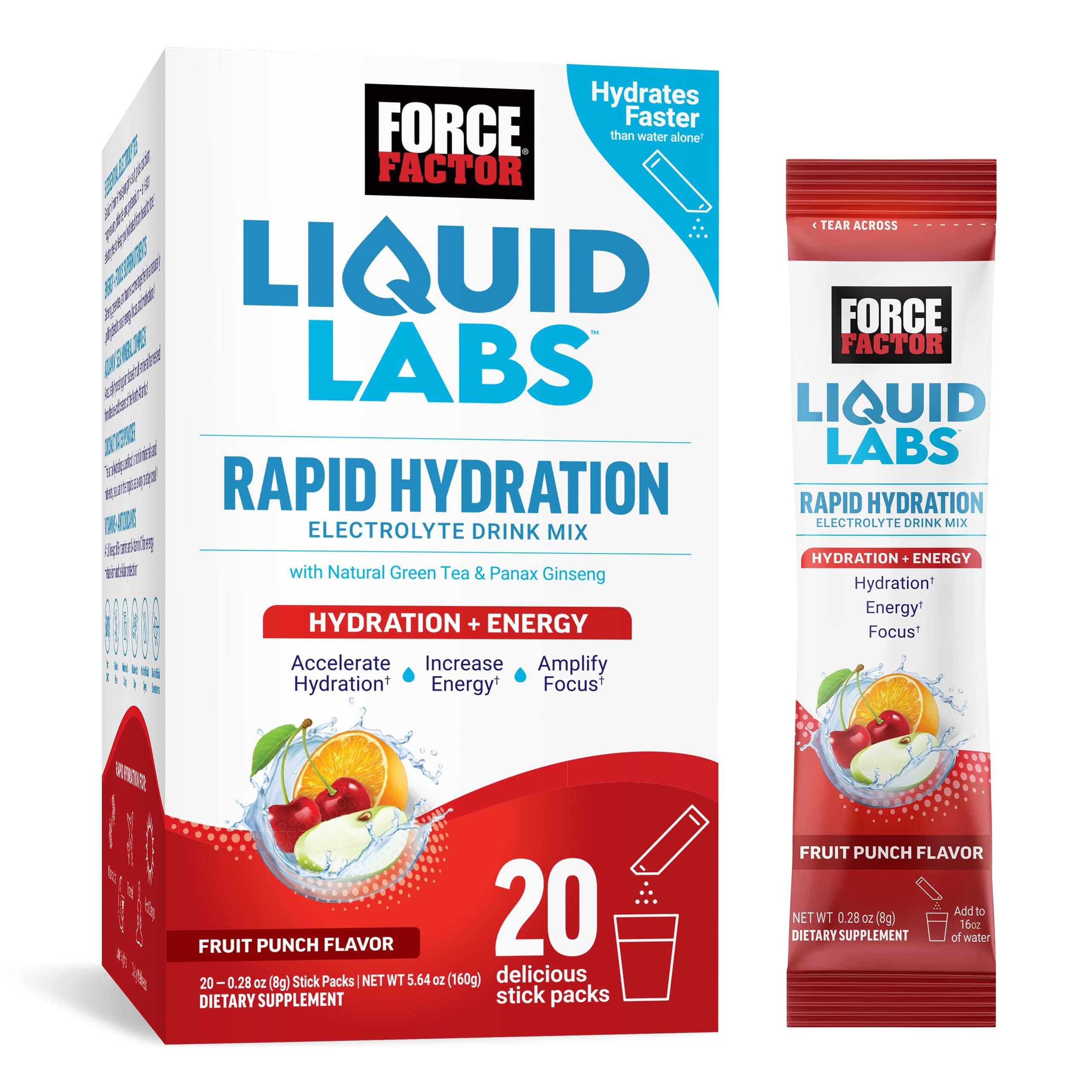 Force Factor, Liquid Labs™ Energy, Rapid Hydration Electrolyte Drink Mix, Fruit Punch, 20 Stick Packs, 0.28 oz (8 g) Each