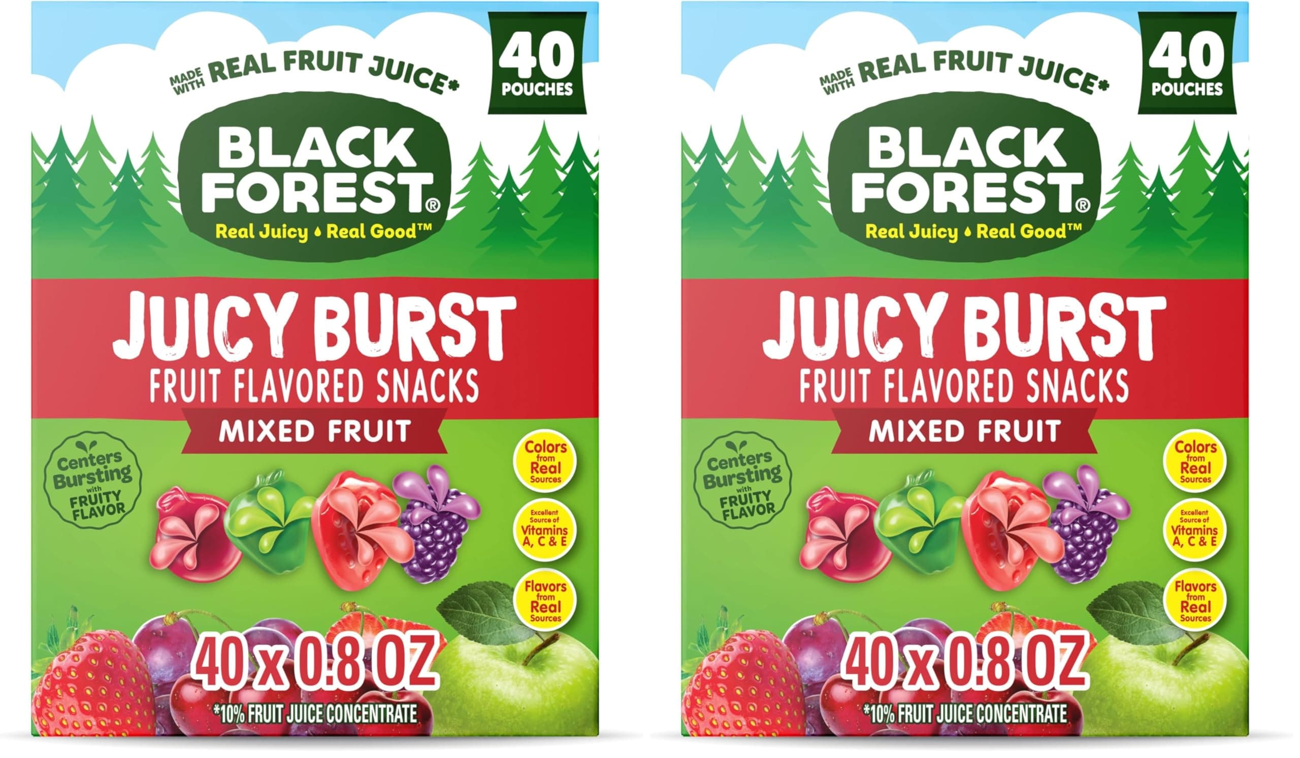 Black Forest Juicy Burst Fruit Snacks, Mixed Fruit Flavors, 0.8 Ounce Pouches (40 Count) (Pack of 2)