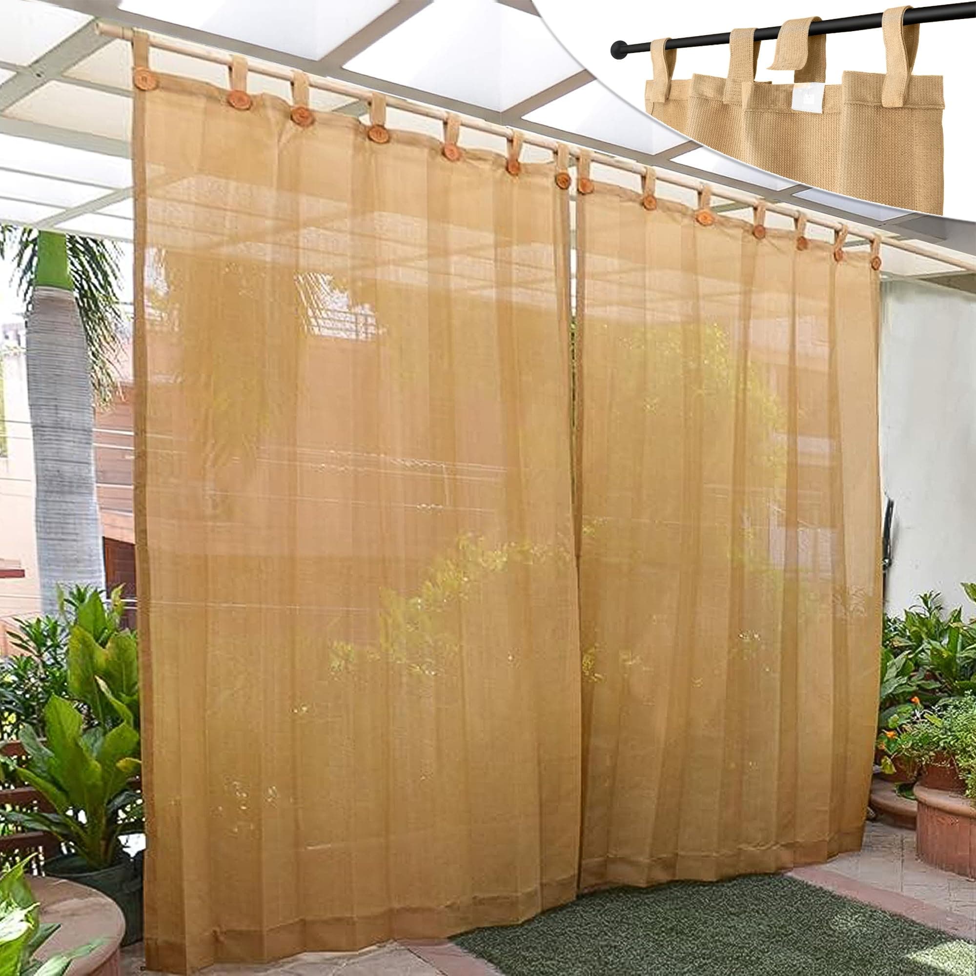 HIPPO - PE 85% Outdoor Sun Blocking Balcony Curtains Loop UV Protection, Sun Shading Light Filtering, Temperature Reducing 9 ft Long Door Curtain, Set of 2 pcs (Beige || 4.5FTX9FT)