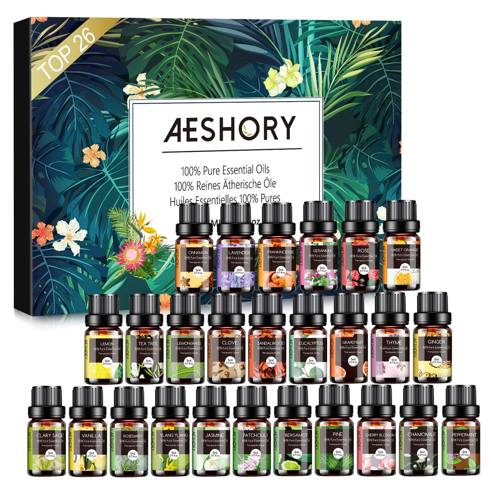 Aeshory Essential Oils Set Premium 26 x 5ml, Pure Aromatherapy Oils for Diffusers for Home, Relaxing, Cleaning Spray, Soap & Candle Making - Sandalwood, Jamine, Vanilia, Patchouli