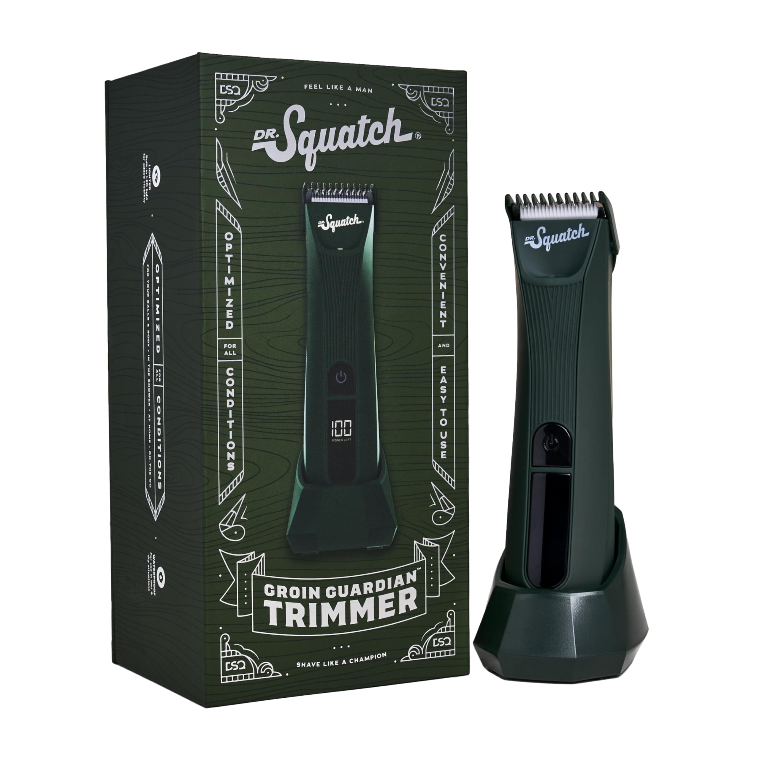 Dr. SquatchGroin Guardian Electric Trimmer With Squatch-Shield Technology for Groin & Body Hair, Cordless With Built-in LED Light, Green