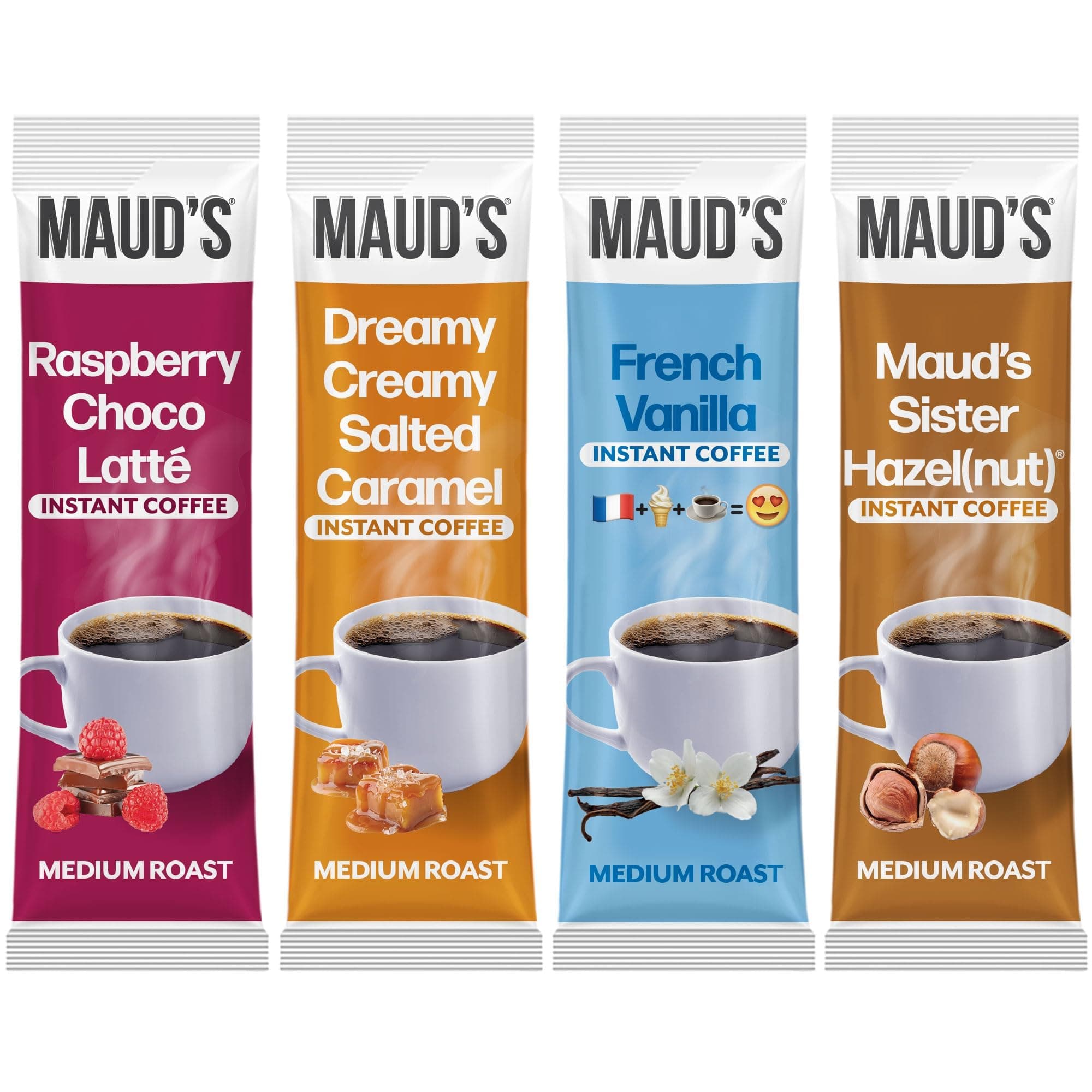 Flavored Instant Coffee Variety Pack, 24 ct, Caramel, Hazelnut, Raspberry, Vanilla, 100% Arabica Coffee, Medium Roast, Instant Hot or Iced Coffee - Just add water