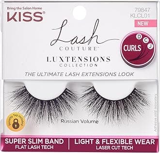 KISS Lash Couture LuXtensions Collection False Eyelashes, Flat Lash Technology, Super Slim Lash Band, Real Lash Extension Fibers, Reusable, Style ‘Russian Volume', 16mm, 1 Pair Strip Lashes