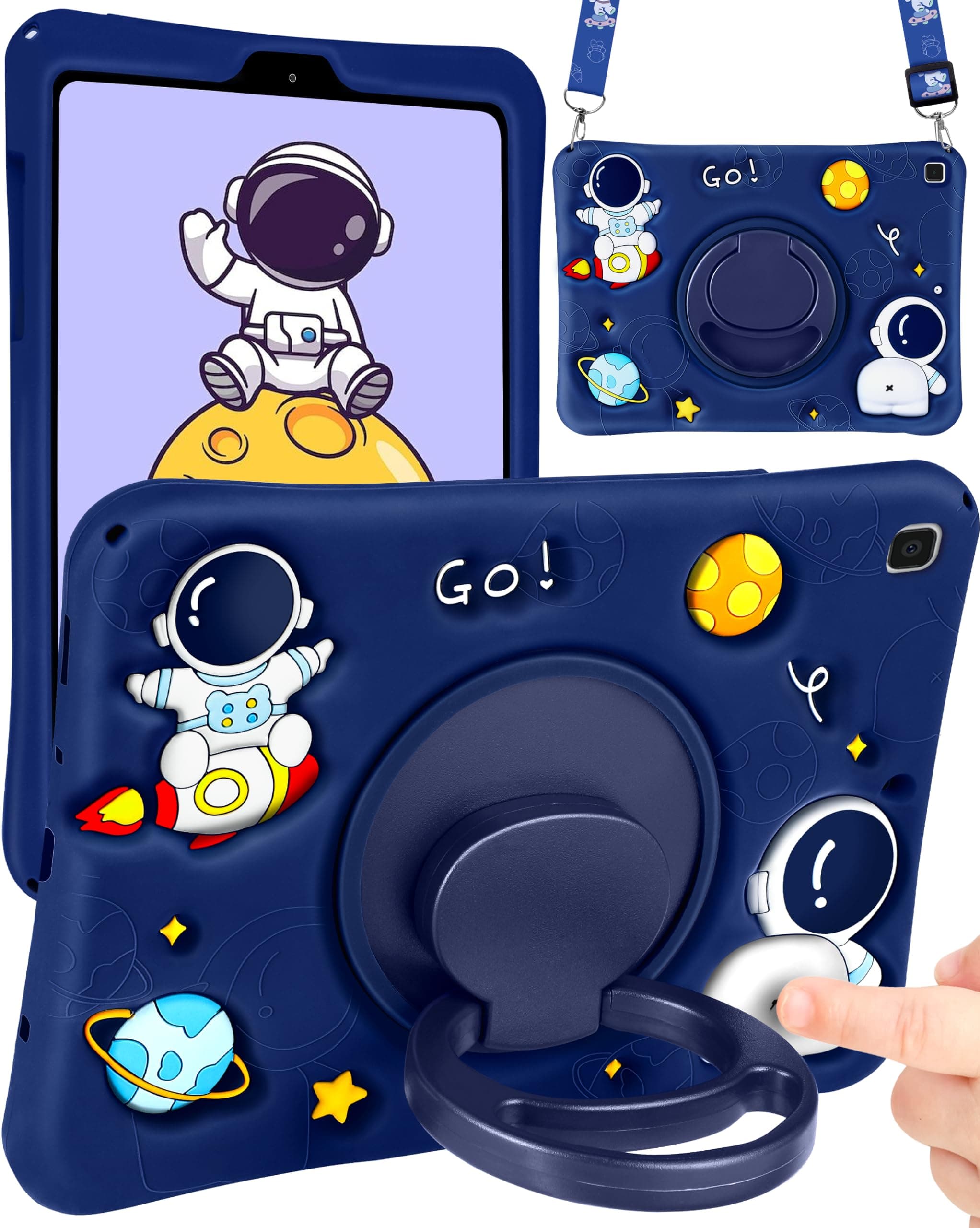 for Samsung Galaxy Tab A7 Lite 8.7” Case Boys Cute Astronaut Cover Kawaii 3D Cartoon Spacemen Girls Cool with Rotating Handle Stand + Strap Soft Silicone Funda for Galaxy A7 Lite Table Cases