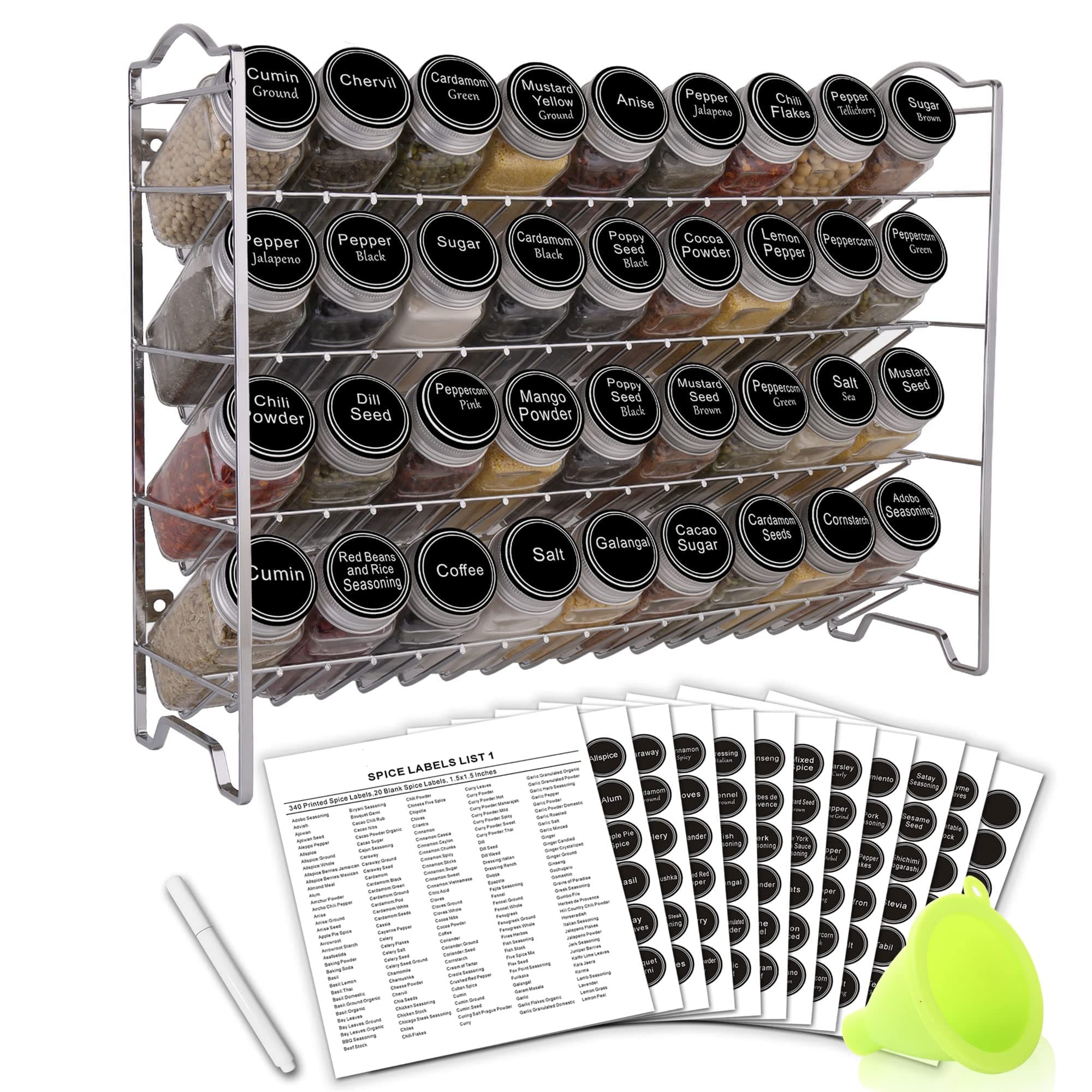 SWOMMOLY Spice Rack Organizer with 36 Empty Square Spice Jars, 396 Spice Labels with Chalk Marker and Funnel Complete Set, for Countertop, Cabinet or Wall Mount, Silver