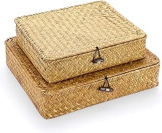 HipiweSet of 2 Flat Woven Wicker Storage Bins with Lid Natural Seagrass Basket Boxes Multipurpose Home Organizer Bins Boxes for Shelf Organizer, Caramel