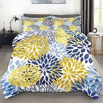 Comforter Set Full Size, Floral Navy Blue Summer Soft 3 Pcs Bedding for Kids and Adults, Yellow Flower Comforter Set with 2 Pillowcases, for Bedroom Bed Decor