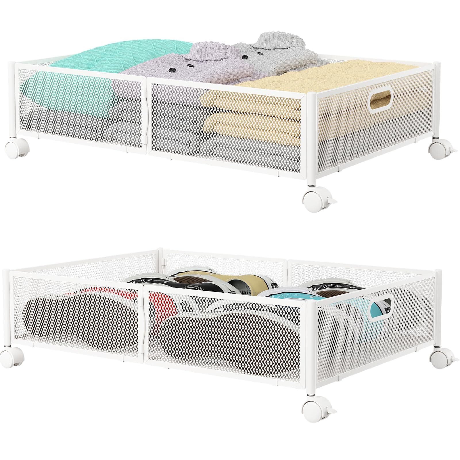 PHINOX Under Bed Storage with wheels, Under the Bed Storage Containers,Upgrade Crossed Iron Wire, Metal Rolling Underbed Storage Containers for Bedroom Clothes Shoes Blankets-2 Pack,White