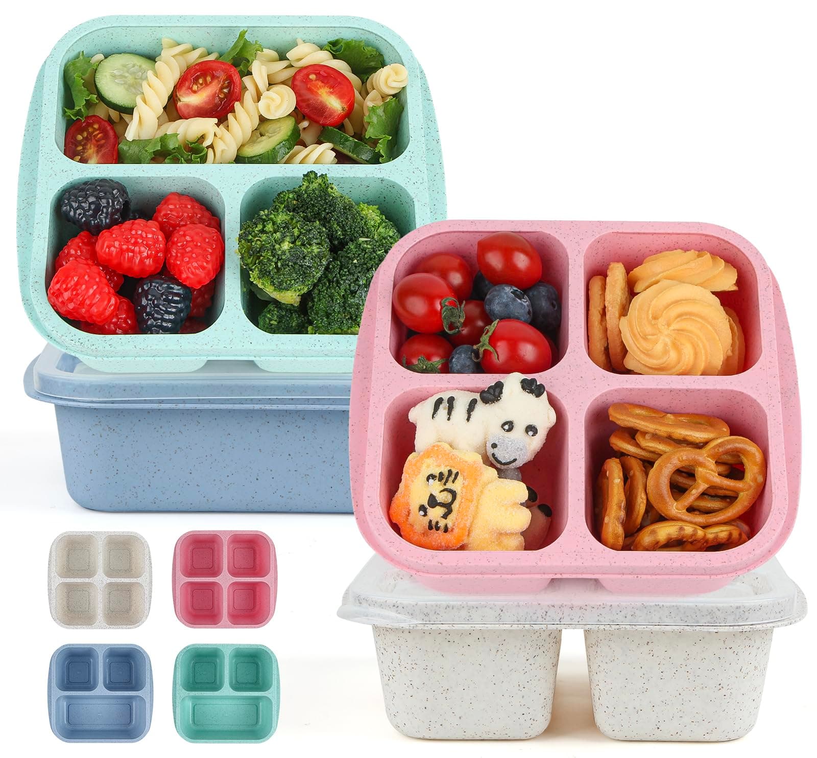 MaMix Snack Box Containers for Kids，2 PCS 3 Compartment Snack Containers + 2 PCS 4 Compartment Snack Boxes for Kids/Adults/Toddlers/, Reusable Lunchable Container for School Travel (wheat)