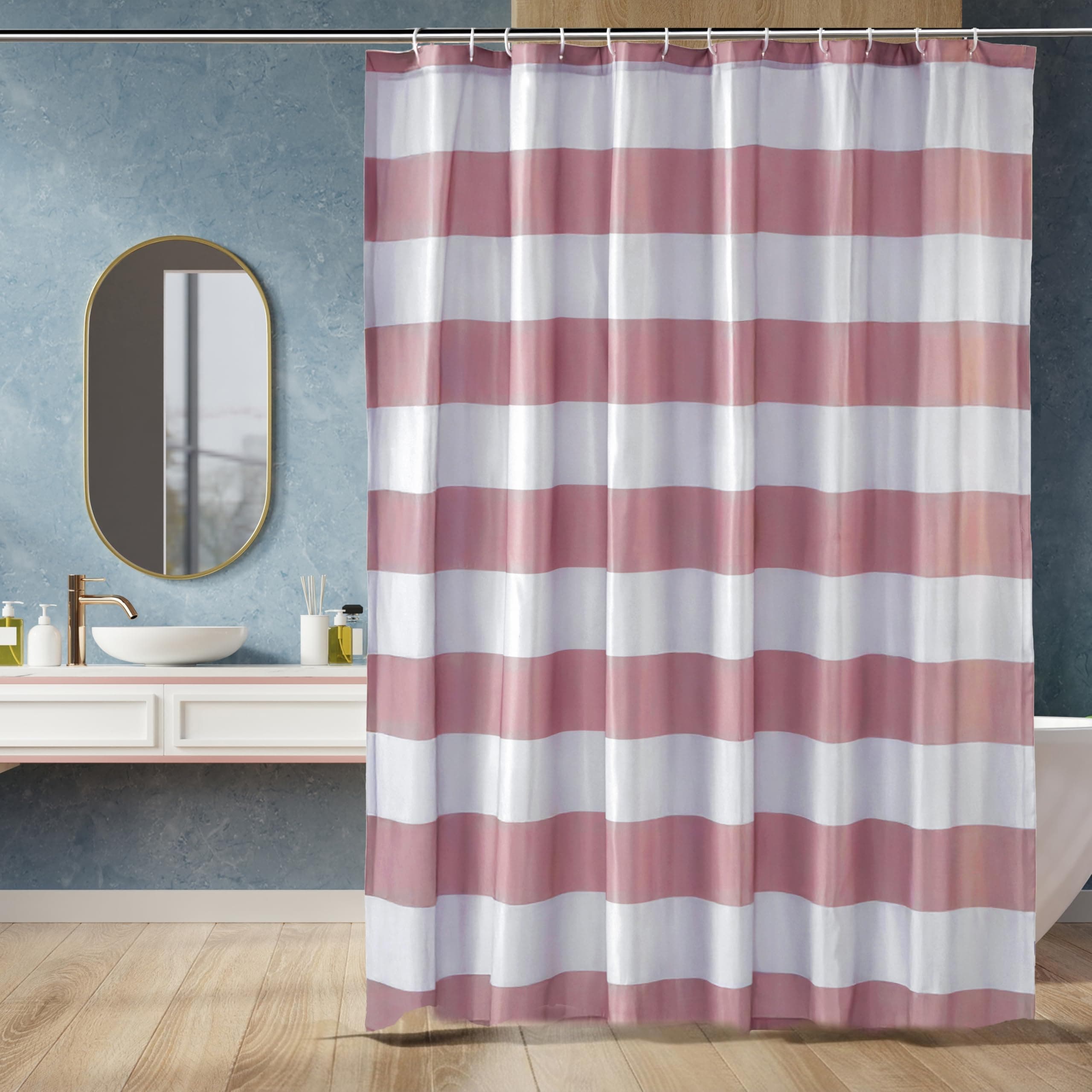 Amazon Basics Shower Curtain with Hooks, Water and Mould Resistant Fabric, Machine Washable Bathroom Curtain, 183 x 183 cm, Grey Striped
