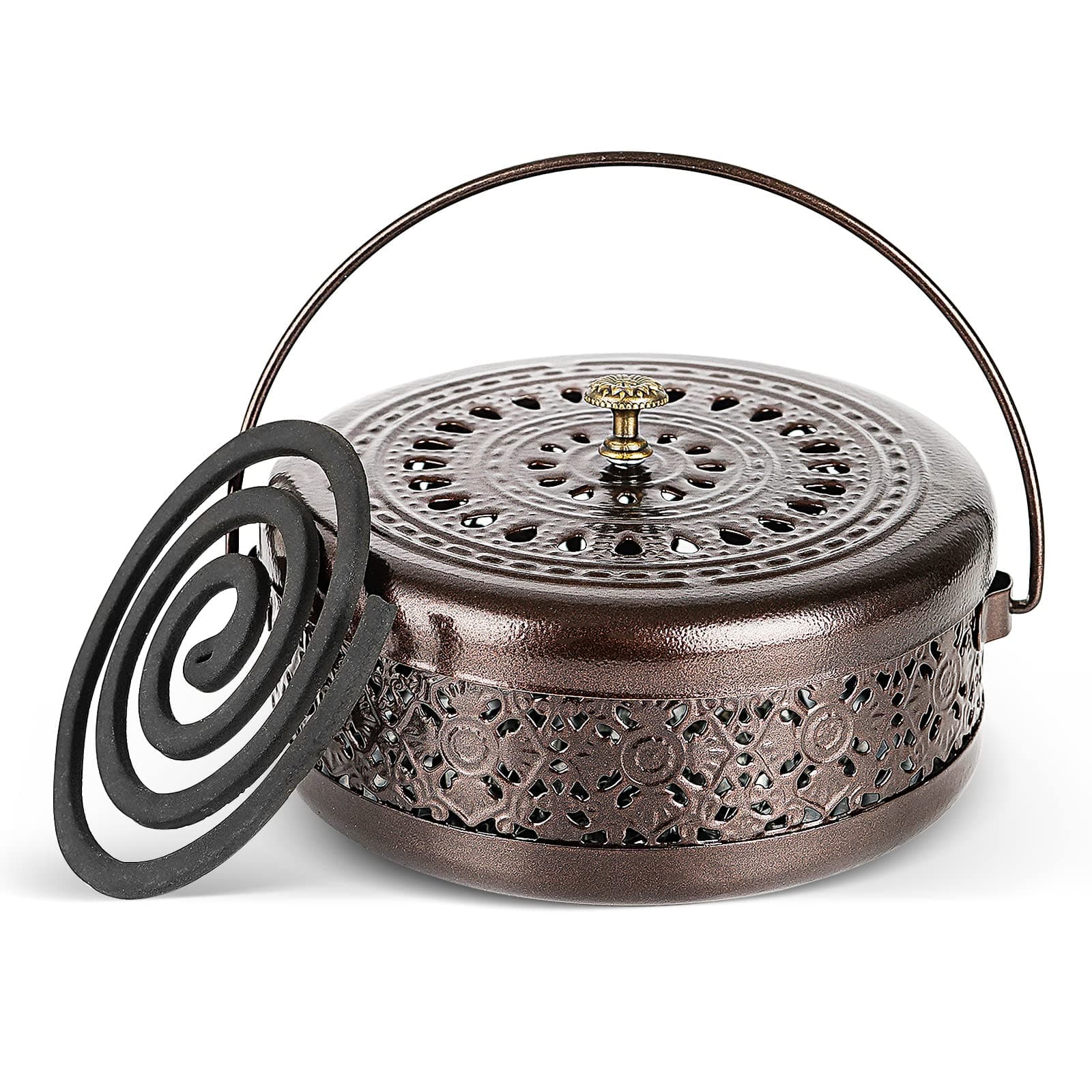Classical Design Mosquito Coil Holder with Handle Round Iron Incense Burner (Bronze)