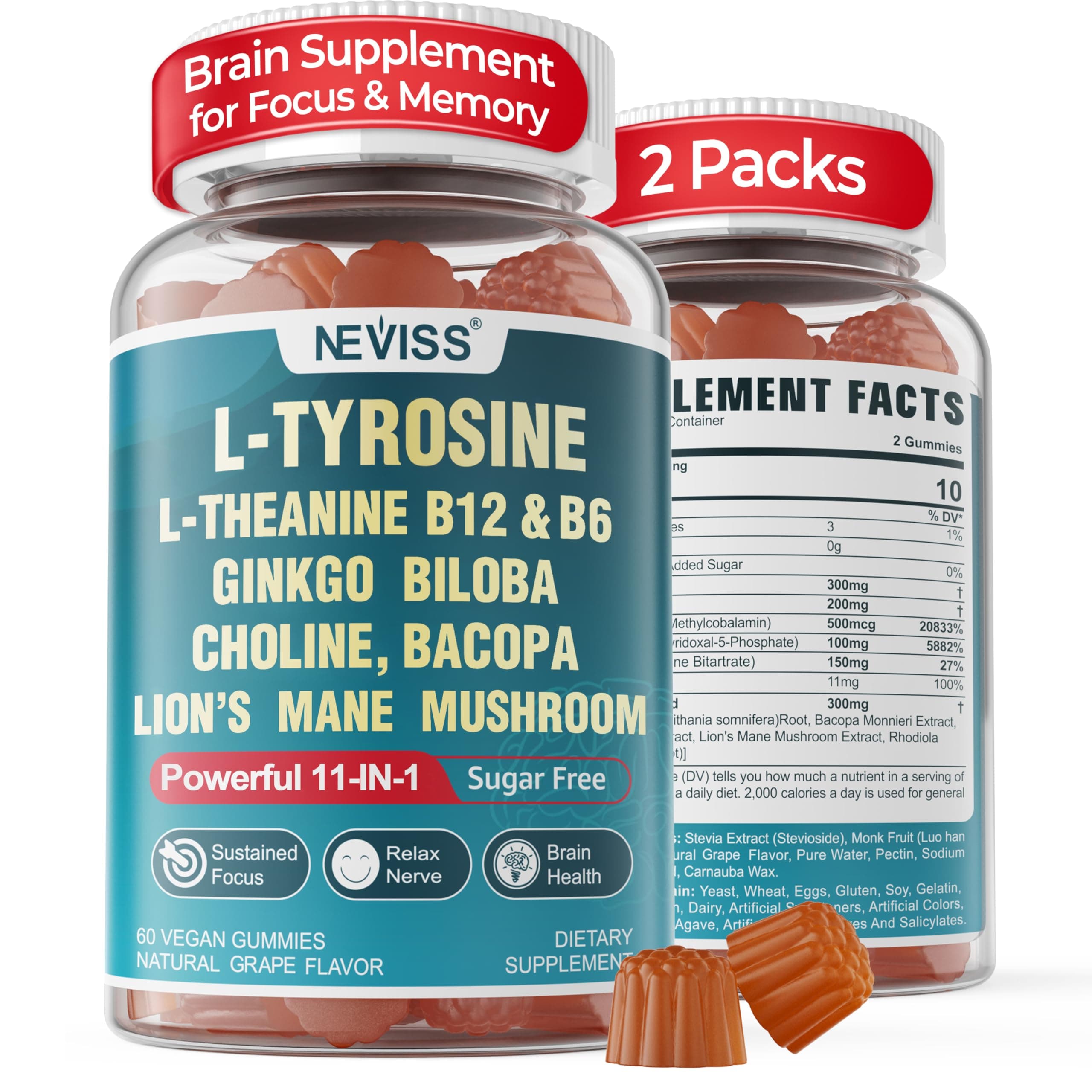 11-IN-1 Brain Supplement for Memory and Focus with L-Tyrosine L-Theanine, Methylated B12 & B6, Lion's Mane Mushroom, Ginkgo Biloba, Bacopa Monnieri, Choline for Focus, Nootropic, Energy, 2Packs