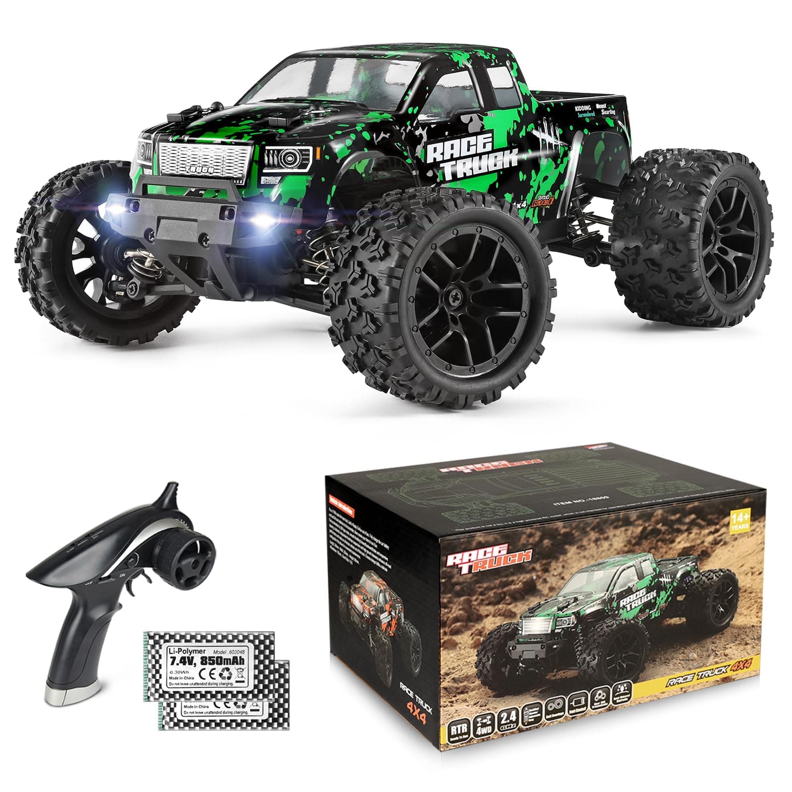 BBM HOBBY HBX 1:18 Scale All Terrain 30 Plus MPH High Speed 4WD 2.4 GHz Radio Controller, Waterproof Off-Road Electric RC Vehicle with Battery and Charger (18859E, Green/Red)