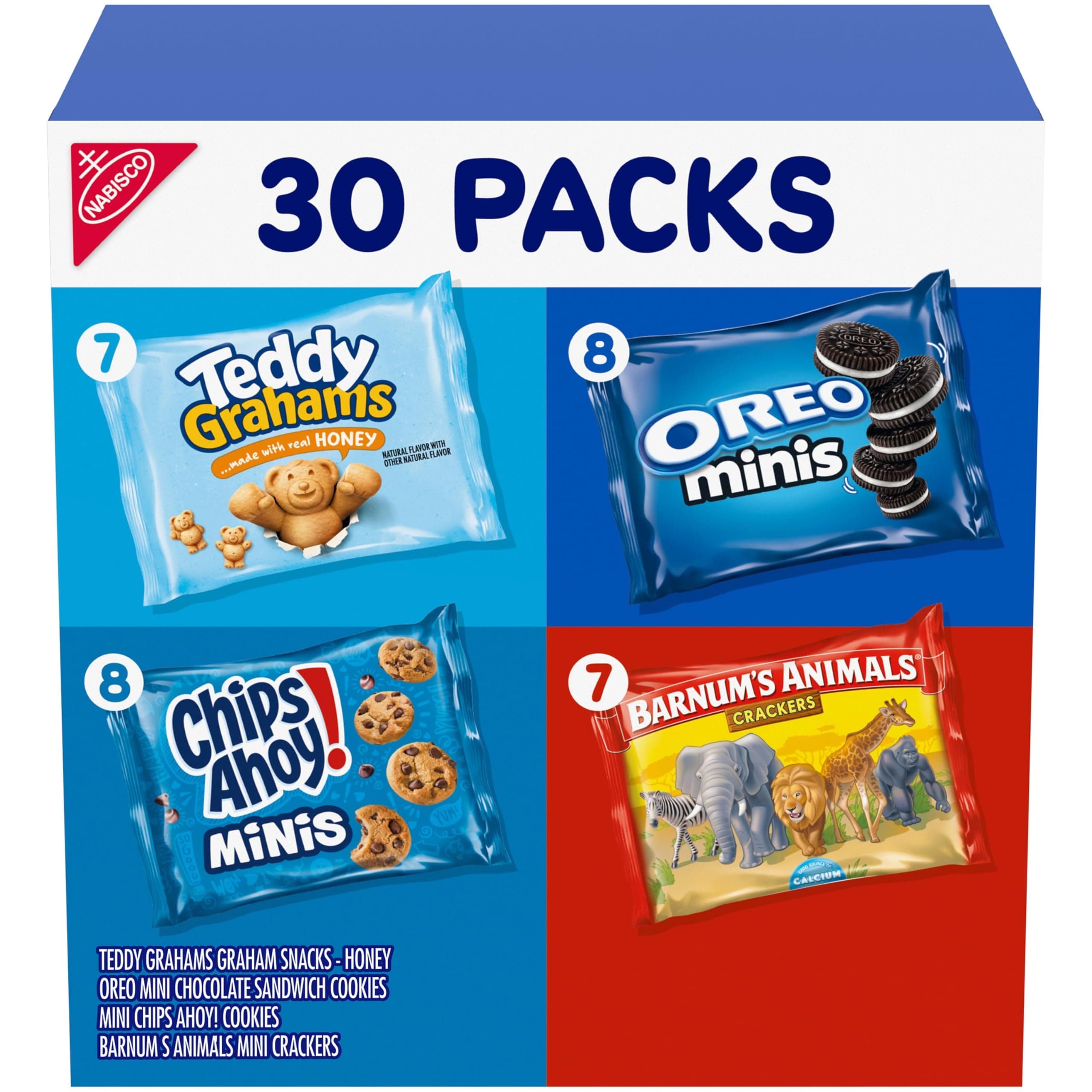Nabisco Team Favorites Variety Pack, OREO Mini, CHIPS AHOY! Mini, Teddy Grahams Honey & Barnum's Animal Crackers, 30 Snack Packs