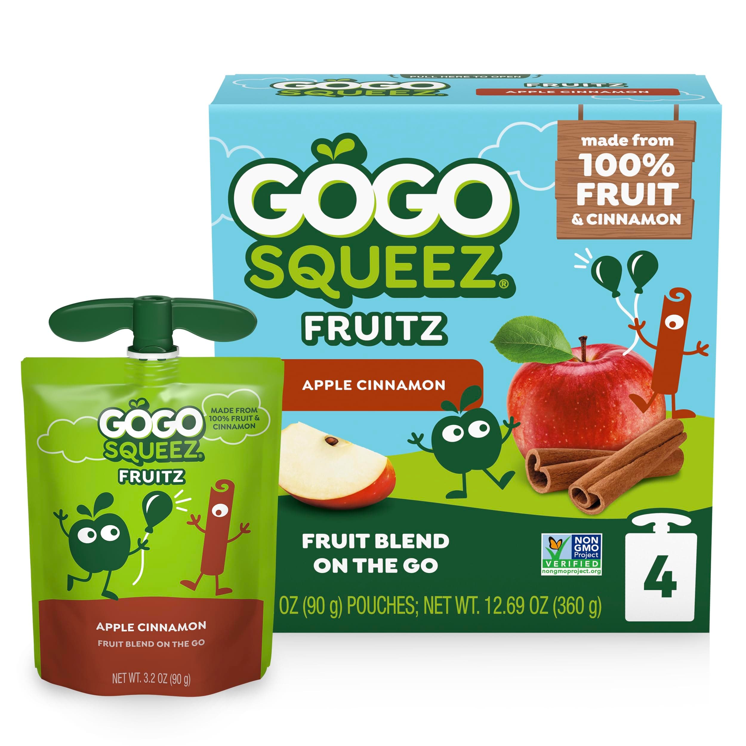 Fruit on the Go, Apple Cinnamon, 3.2 oz (Pack of 4), Unsweetened Fruit Snacks for Kids, Gluten Free, Nut Free and Dairy Free, Recloseable Cap, BPA Free Pouches