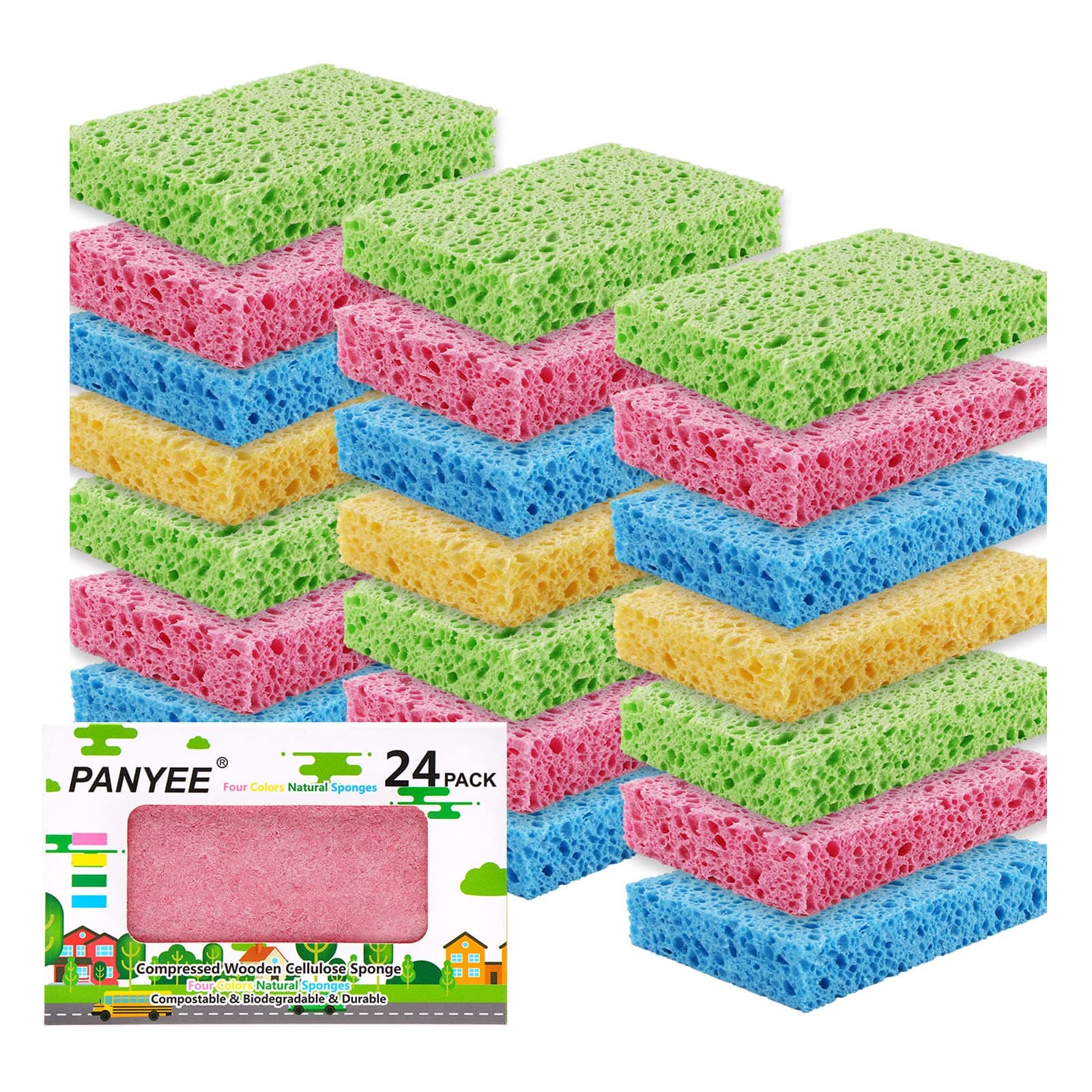 Compressed Cellulose Kitchen Sponges 24Pack,Non-Scratch Biodegradable Natural Sponge Scrub for Dishes Cleaning,Funny Colorful DIY Sponge for Kids