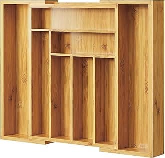 Bamboo Expandable Silverware Drawer Organizer, Adjustable Kitchen Utensil Tray for Forks, Spoons and Knives, Wood Storage Cutlery Holder for Bedroom and Living Room